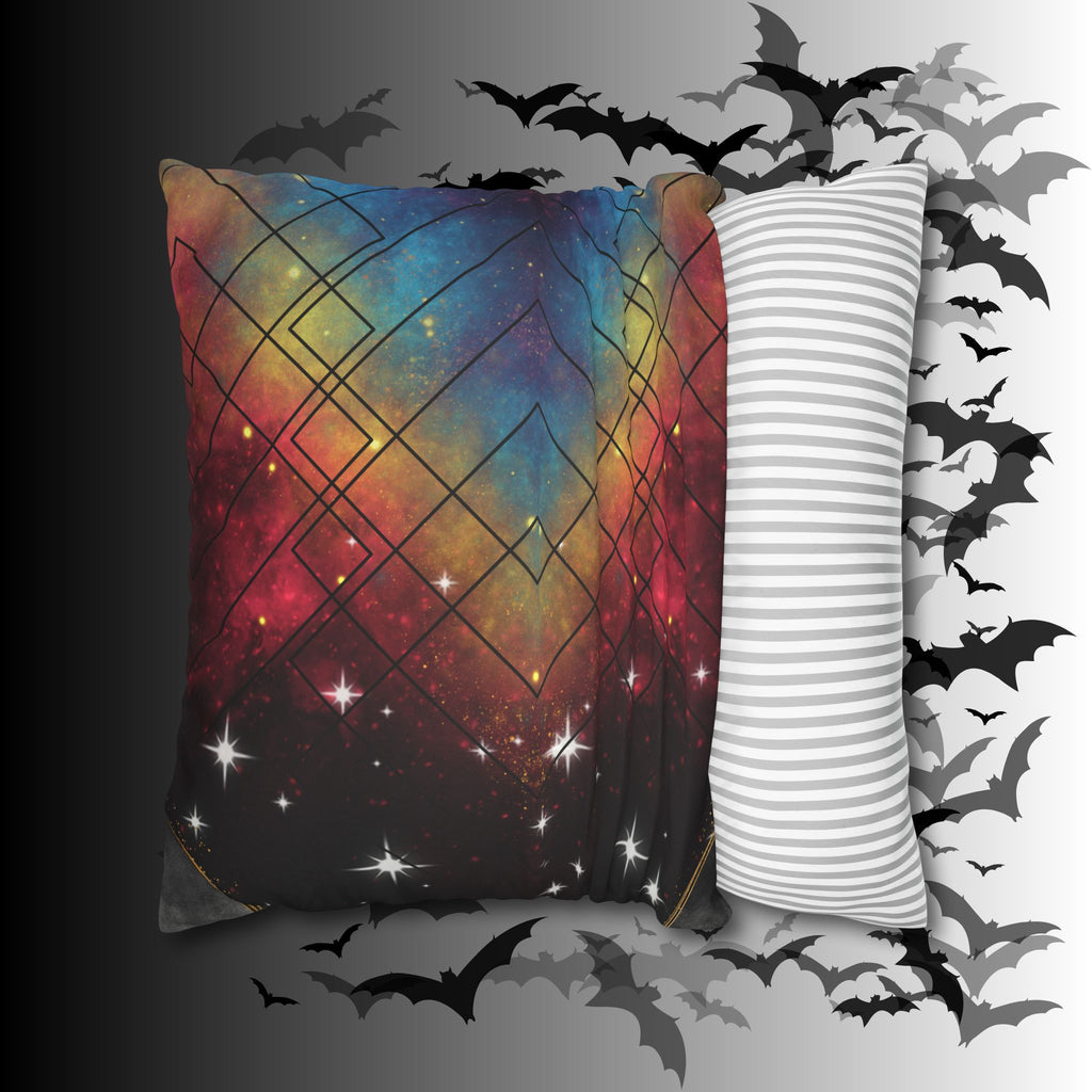 Rainbow Galaxy Geometric Throw Pillow — Celestial Cosmic Dark Home Decor