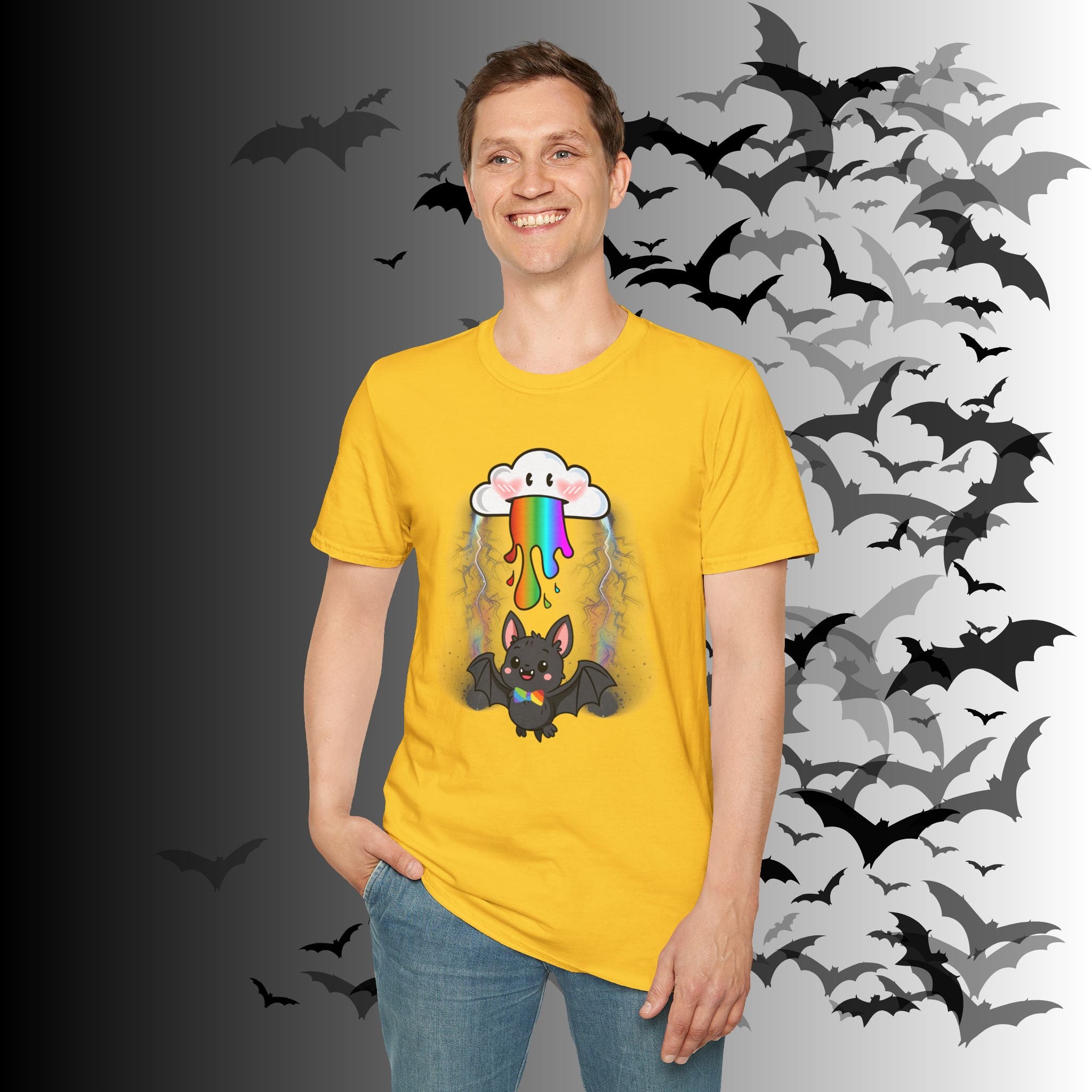 Rainbow Vomit Cloud Bat T-Shirt — Kawaii Goth Pride Unisex Tee