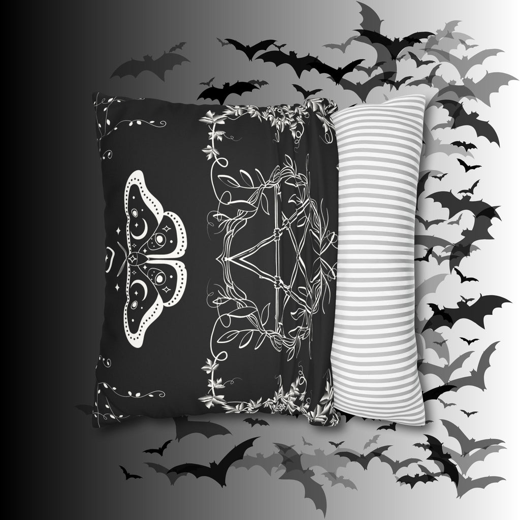 Witchy Moth Pentagram Throw Pillow — Botanical Gothic Dark Home Decor
