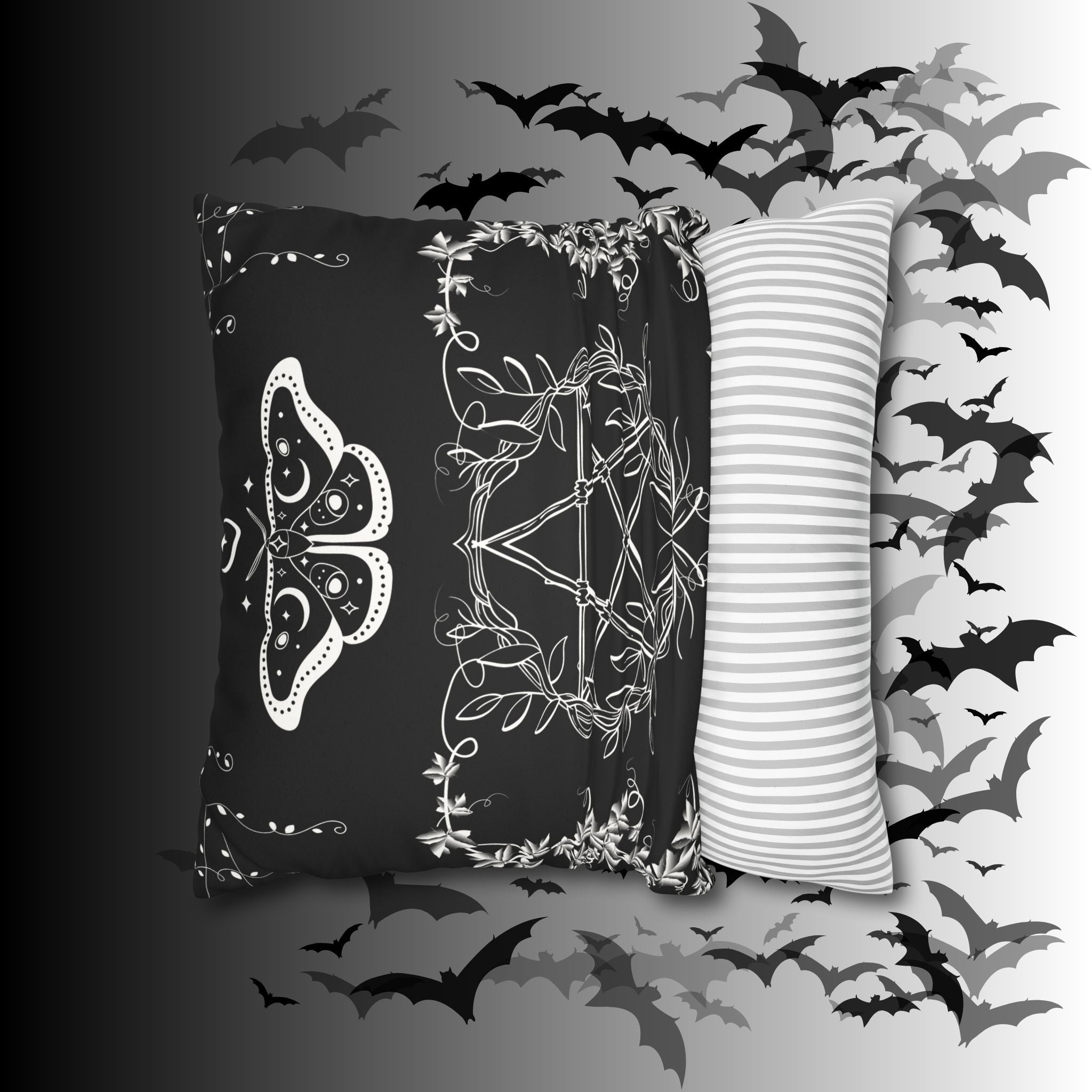 Witchy Moth Pentagram Throw Pillow — Botanical Gothic Dark Home Decor