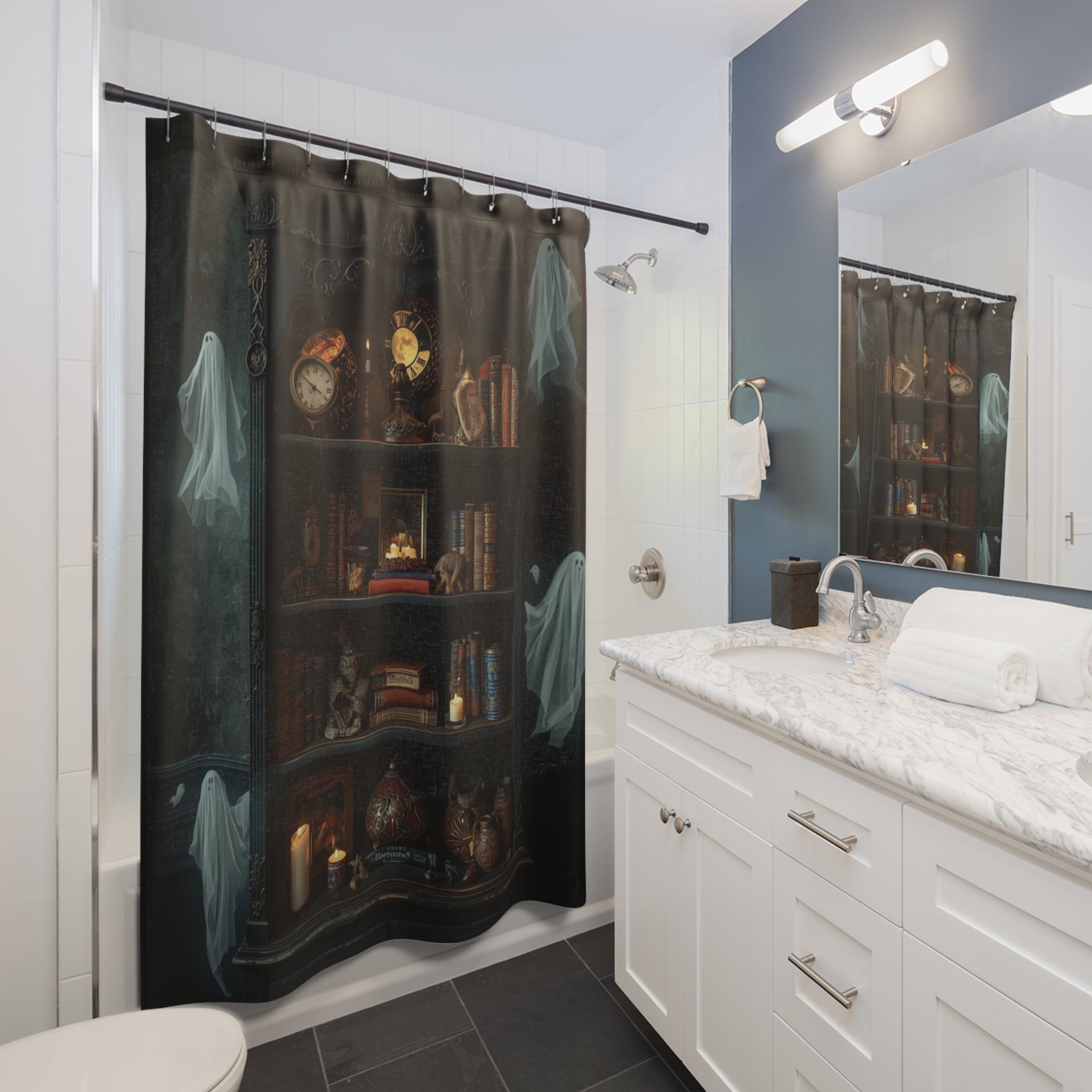Dark academia shower curtain with a gothic bookcase filled with aged books, antique clocks, candles, and ornate curios with three translucent ghosts drifting between the shelves displayed in a white bathroom