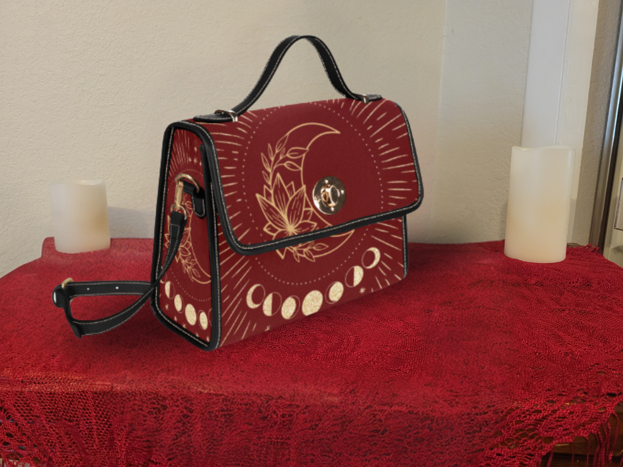 Crimson Moon Phase Lotus Handbag | Witchy Celestial Waterproof Canvas Crossbody Purse