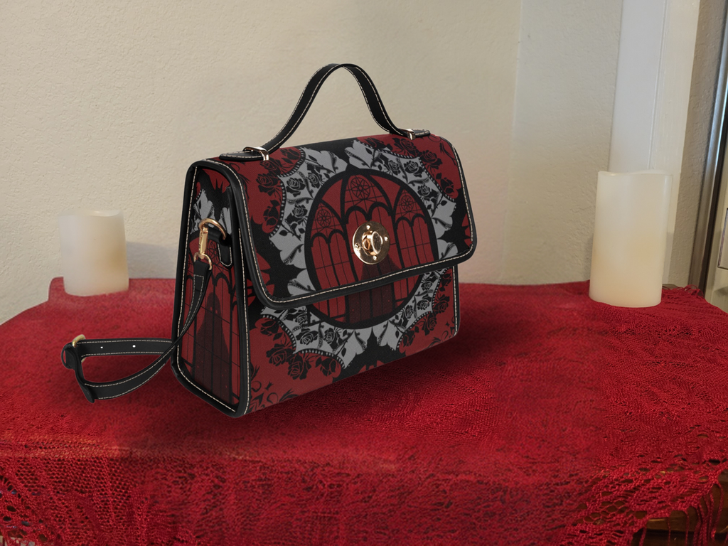Gothic Cathedral Rose Handbag | Elegant Bat Lace Waterproof Canvas Crossbody Purse