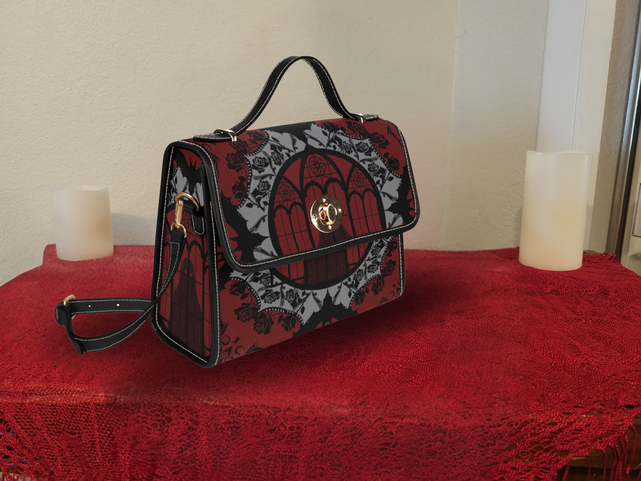 Gothic Cathedral Rose Handbag | Elegant Bat Lace Waterproof Canvas Crossbody Purse
