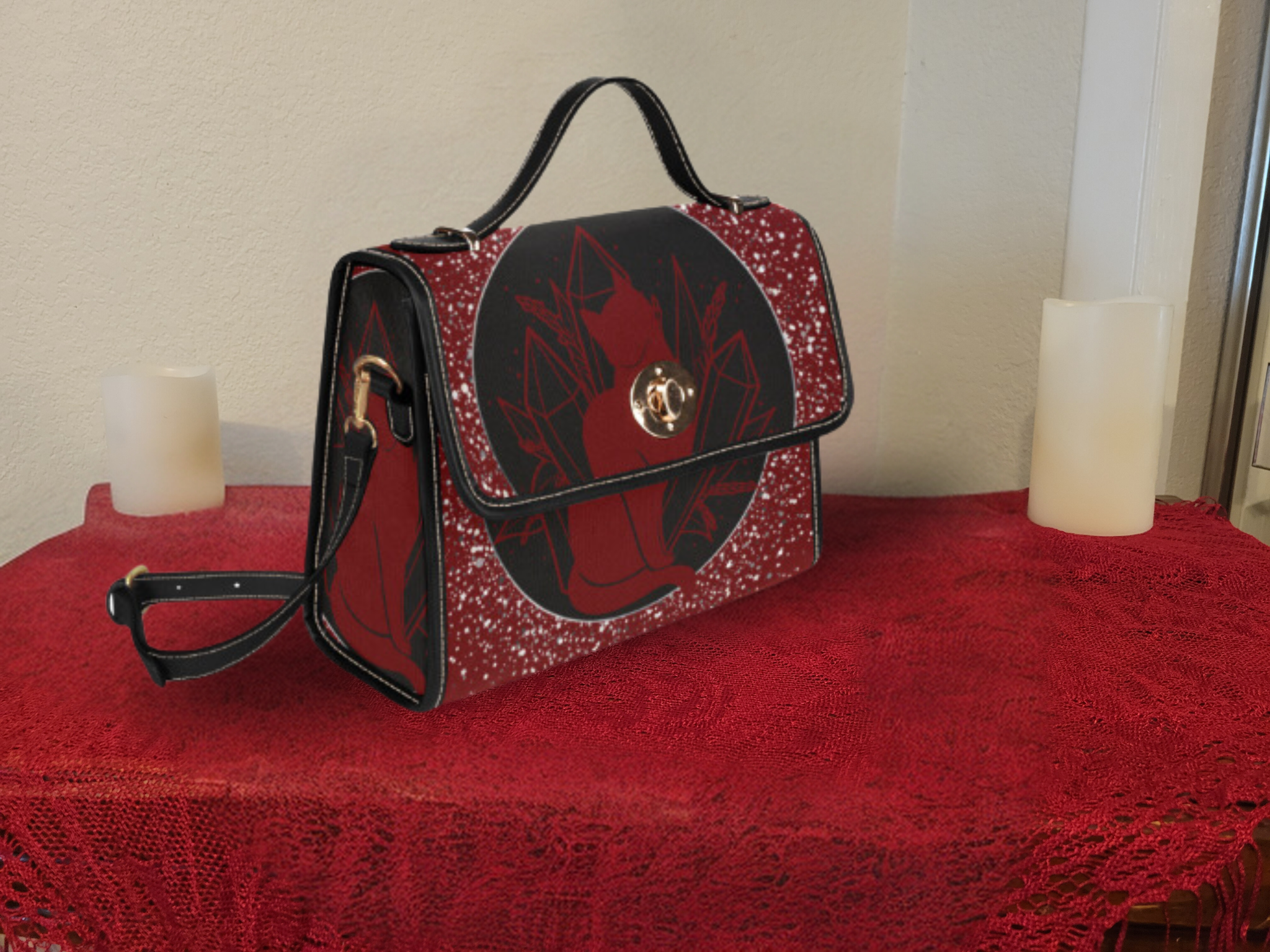Gothic Witch Cat Pentacle Handbag | Celestial Crystal Waterproof Canvas Crossbody Purse