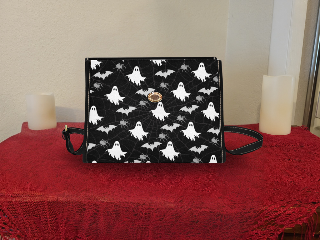 Gothic Ghost & Bat Print Handbag | Spooky Spider Web Waterproof Canvas Crossbody Purse