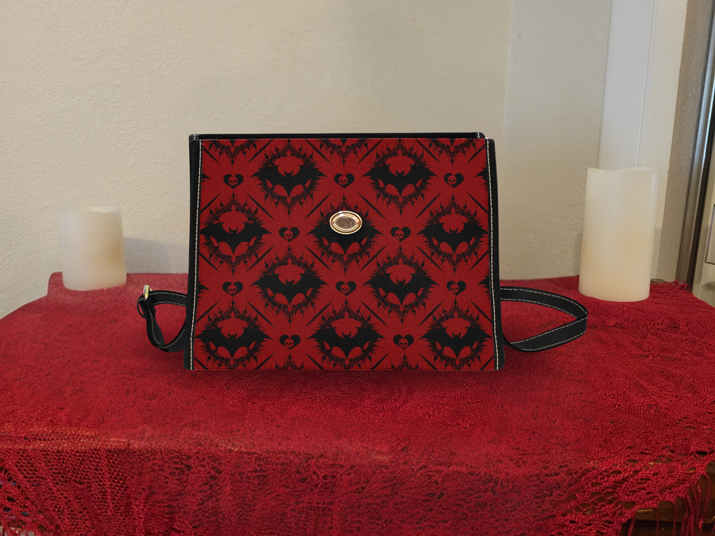 Scarlet Gothic Bat Handbag | Red & Black Damask Waterproof Canvas Crossbody Purse