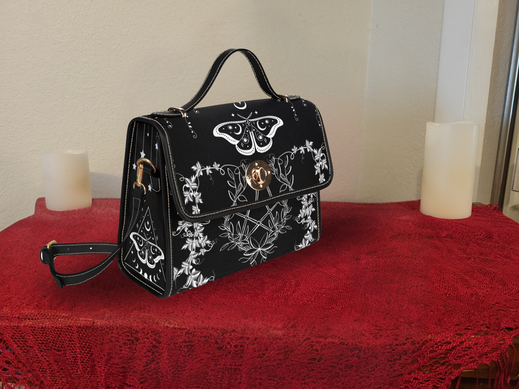 Gothic Luna Moth Pentacle Handbag | Wiccan Botanical Waterproof Canvas Crossbody Purse