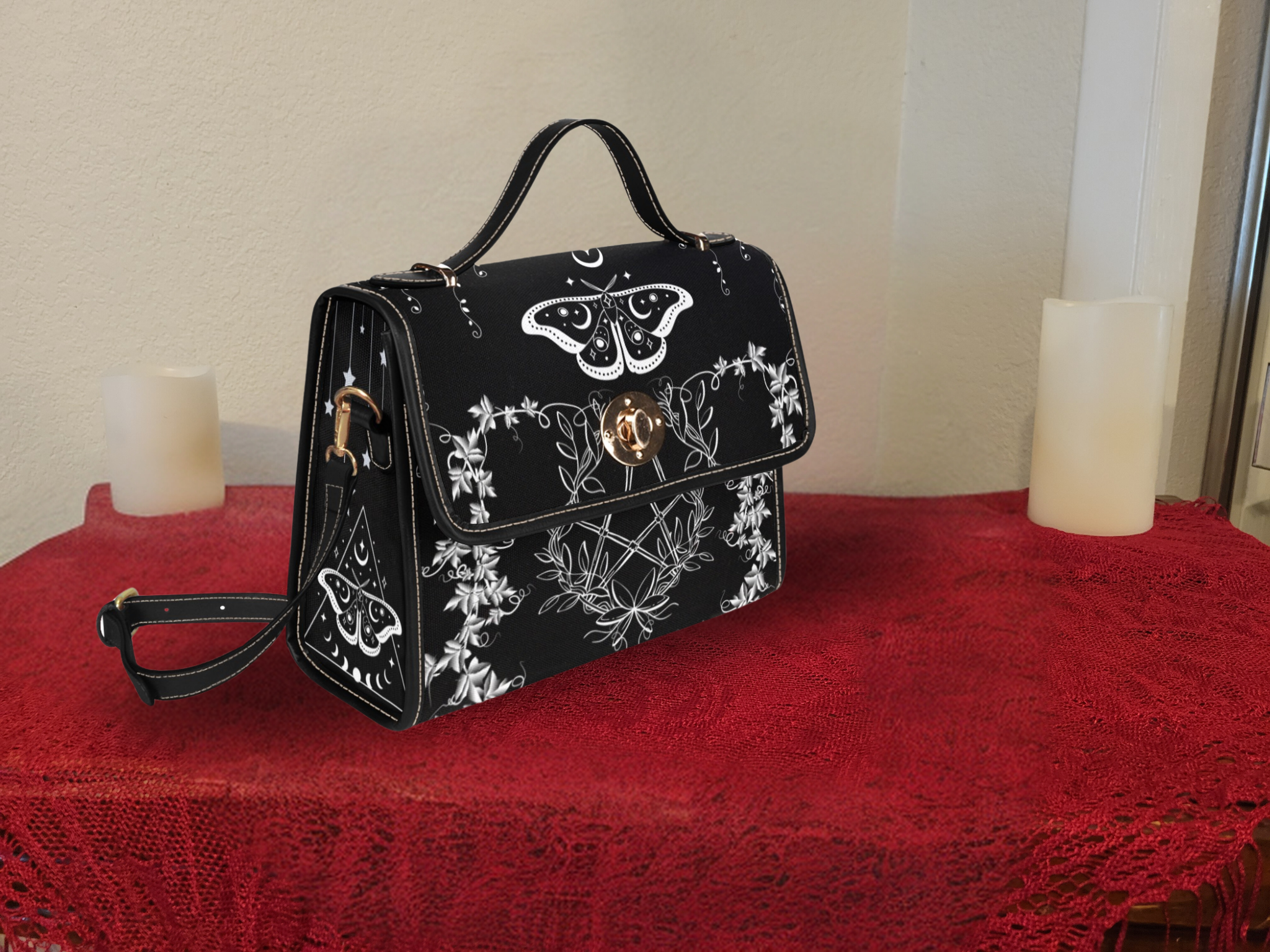 Gothic Luna Moth Pentacle Handbag | Wiccan Botanical Waterproof Canvas Crossbody Purse