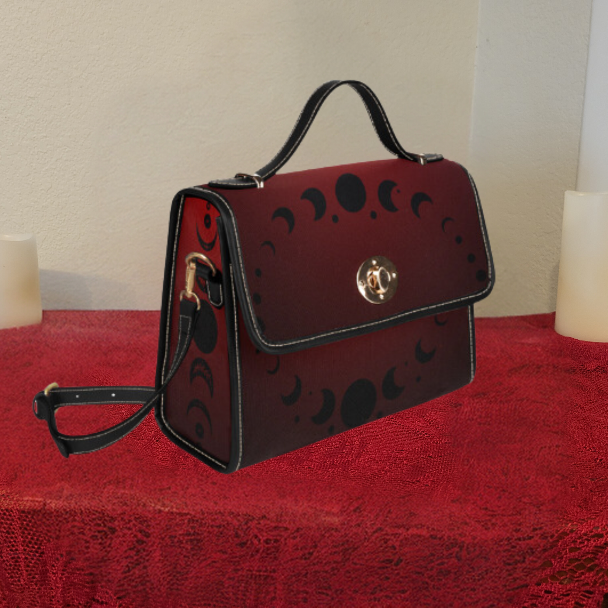 Gothic Moon Phase Handbag | Crimson Dark Academia Waterproof Canvas Crossbody Purse