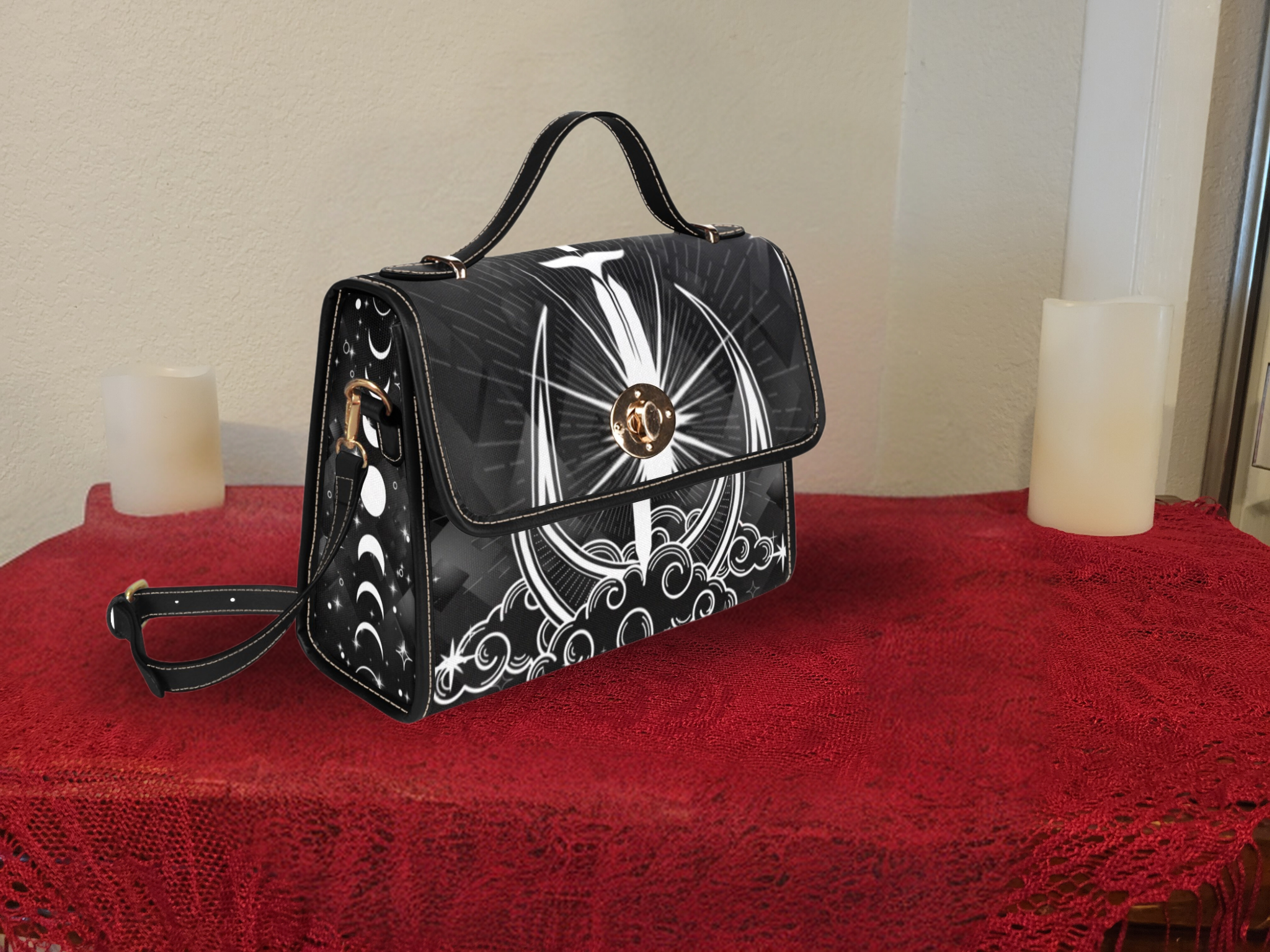 Gothic Celestial Sword Moon Handbag | Witchy Waterproof Canvas Crossbody Purse