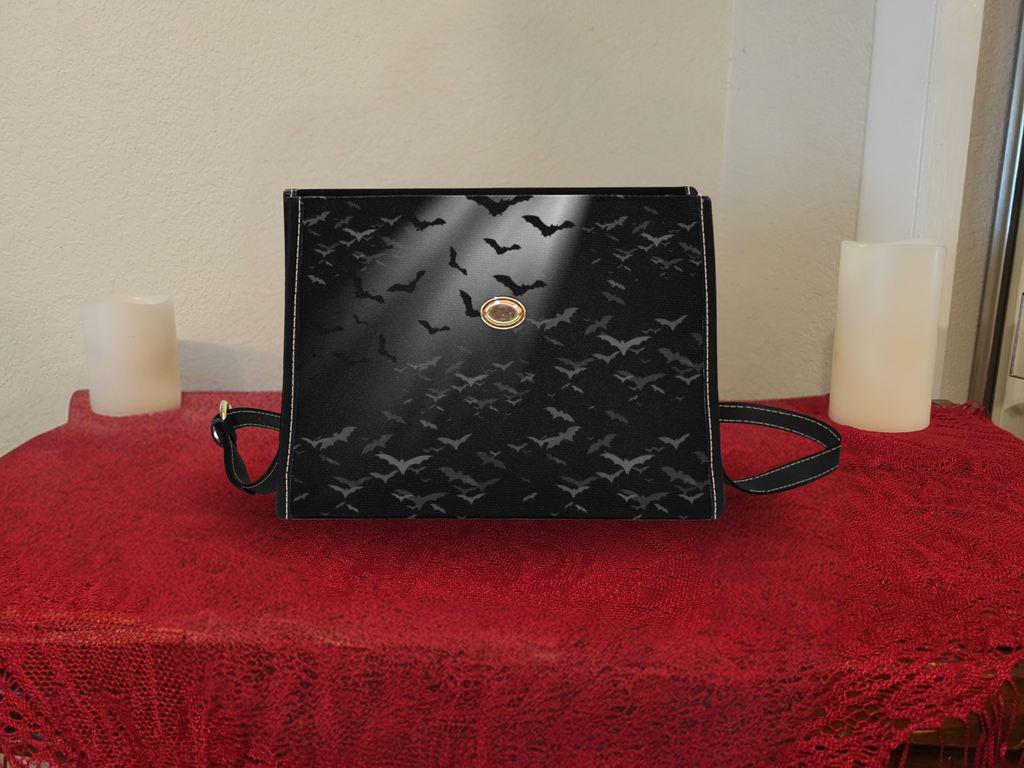 Gothic Bat Print Handbag — Tonal Black Crossbody Purse