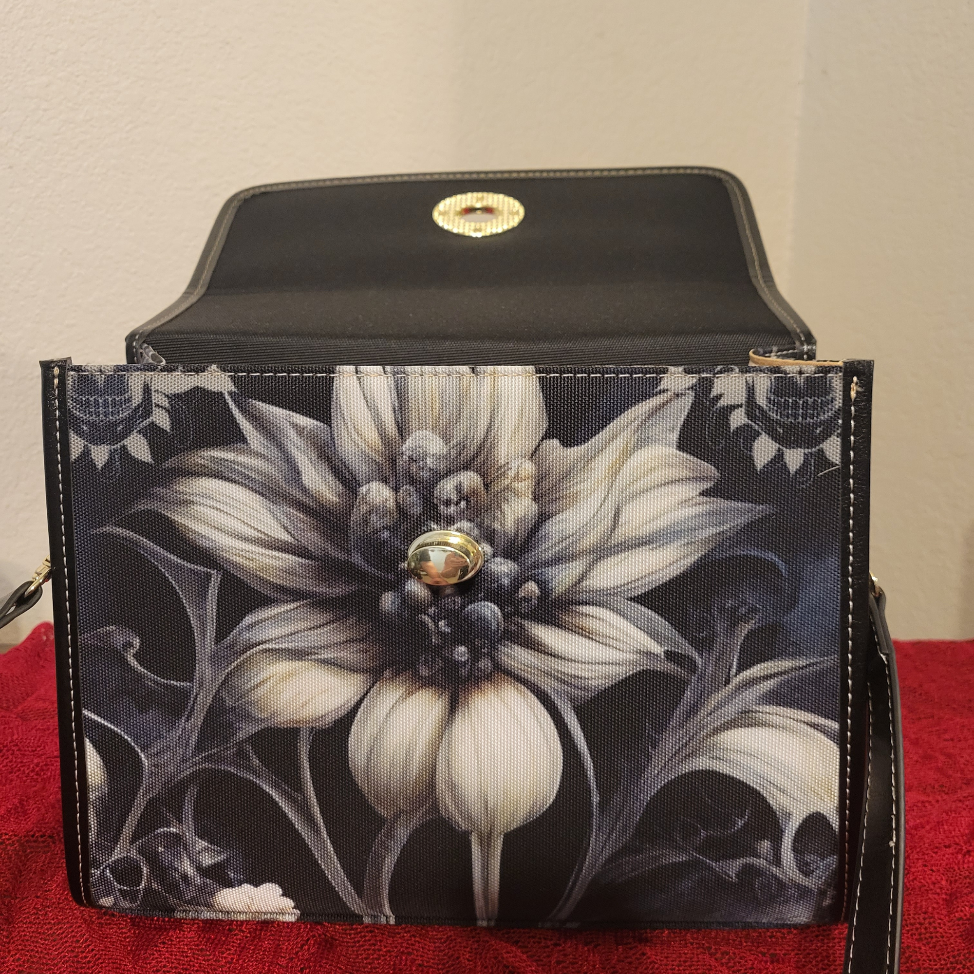 Gothic Botanical Dahlia Handbag | Dark Floral Skull Waterproof Canvas Crossbody Purse