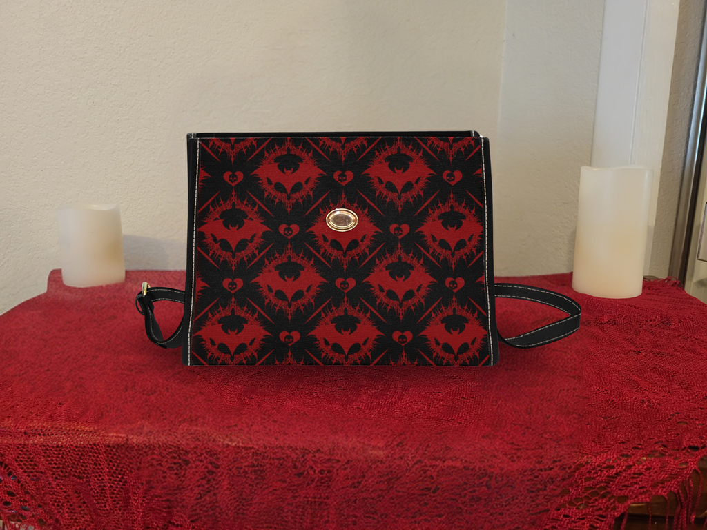 Gothic Bat Pattern Handbag | Red & Black Damask Waterproof Canvas Crossbody Purse
