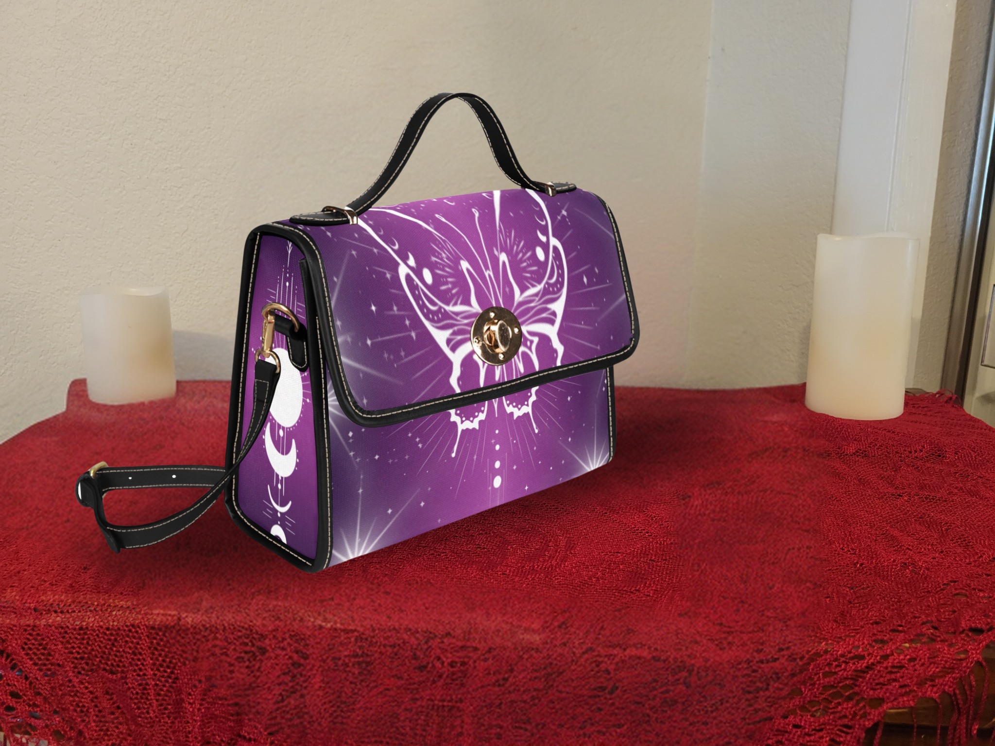 Celestial Luna Moth Handbag | Purple Witchy Waterproof Canvas Crossbody Purse