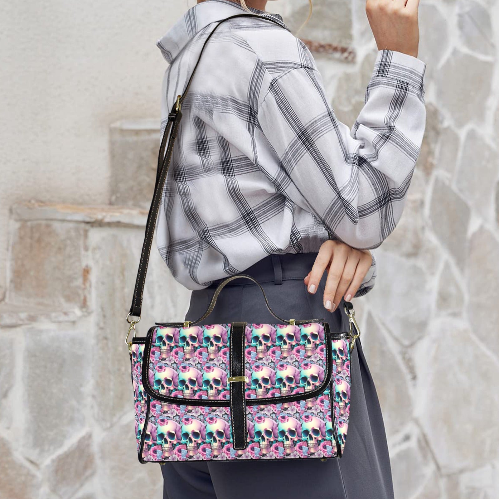Pastel Goth Skull Floral Crossbody Satchel Bag — Waterproof Canvas Shoulder Bag