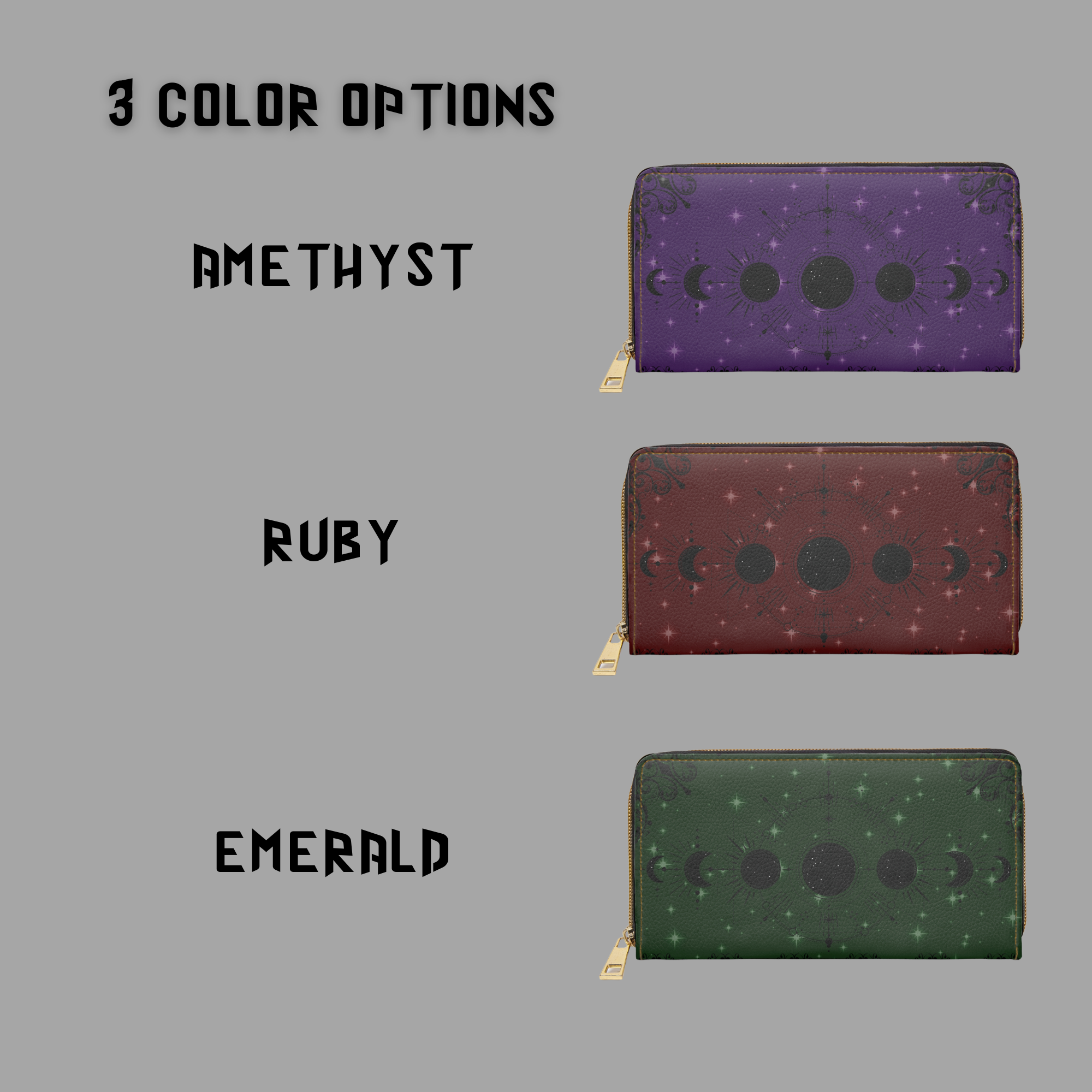 
Gothic gem tone moon phase celestial sun eye faux leather zipper wallet amethyst ruby emerald colorways gold hardware