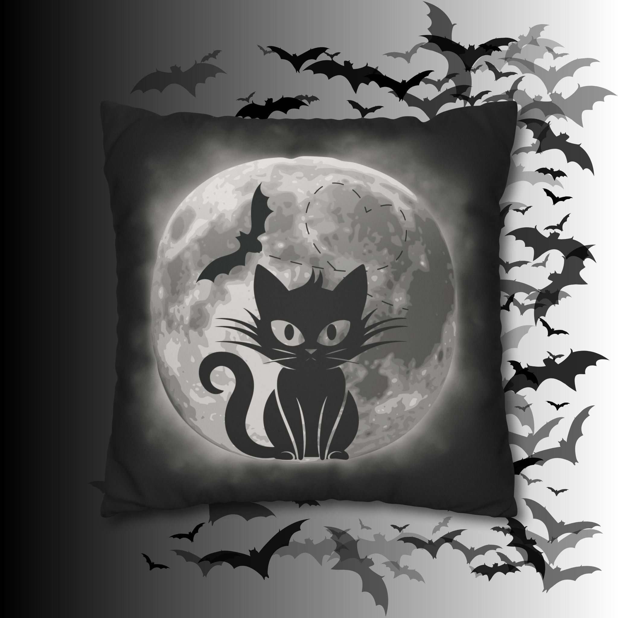 Gothic Black Cat Full Moon Throw Pillow — Bat Dark Home Decor