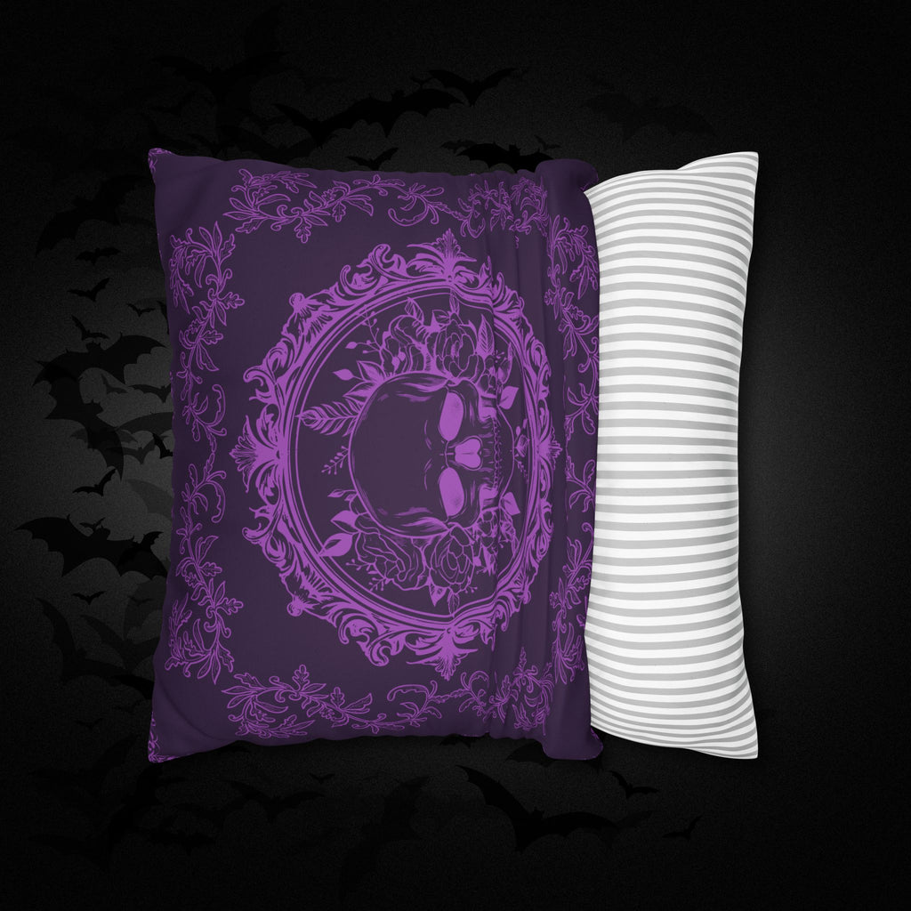Purple Gothic Floral Skull Throw Pillow — Baroque Botanical Dark Home Decor