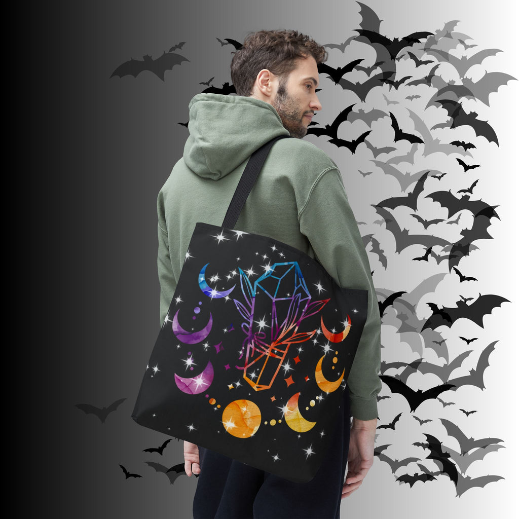 Rainbow Crystal Moon Phase Tote Bag — Celestial Witchy Print