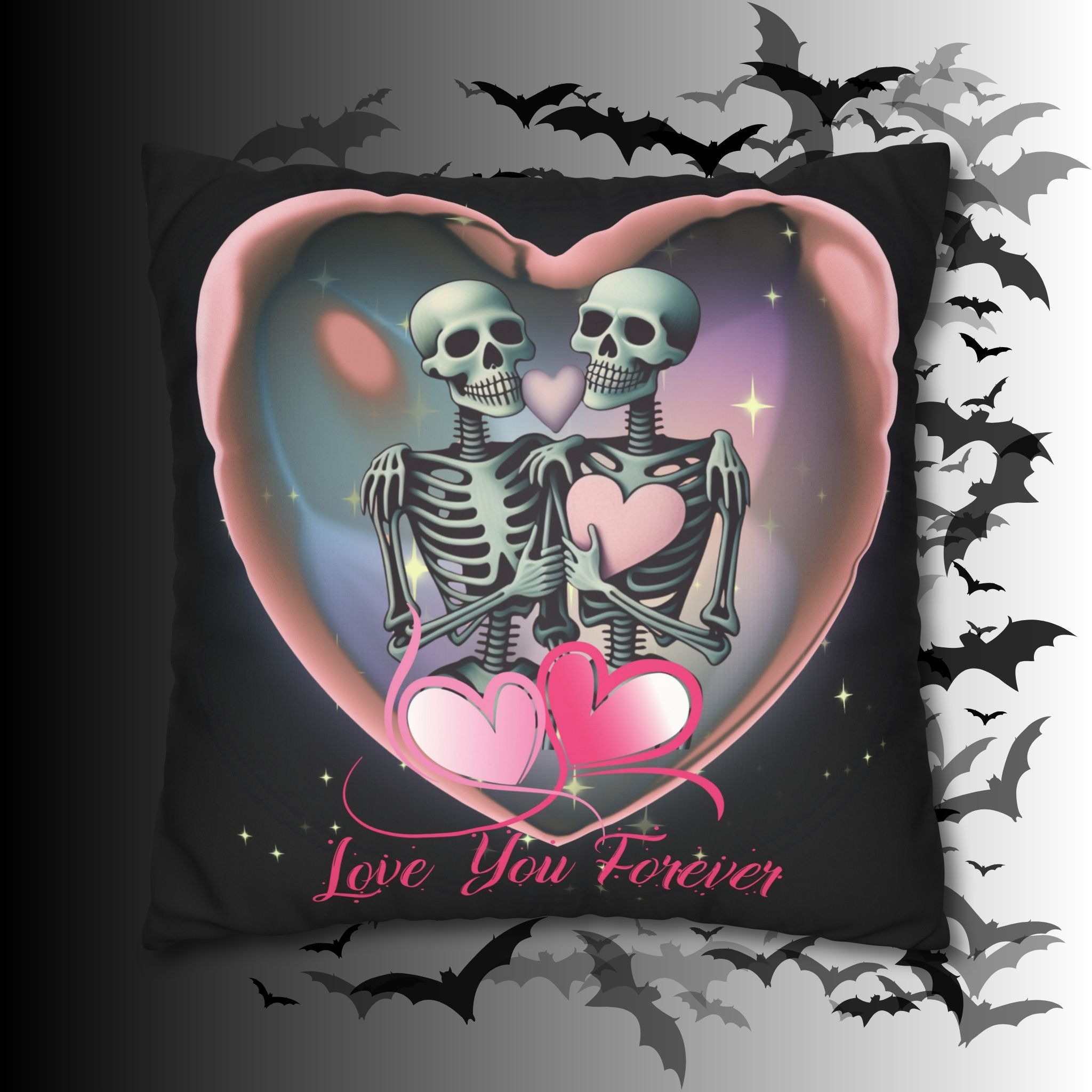 Love You Forever Skeleton Couple Throw Pillow — Gothic Love Dark Home Decor
