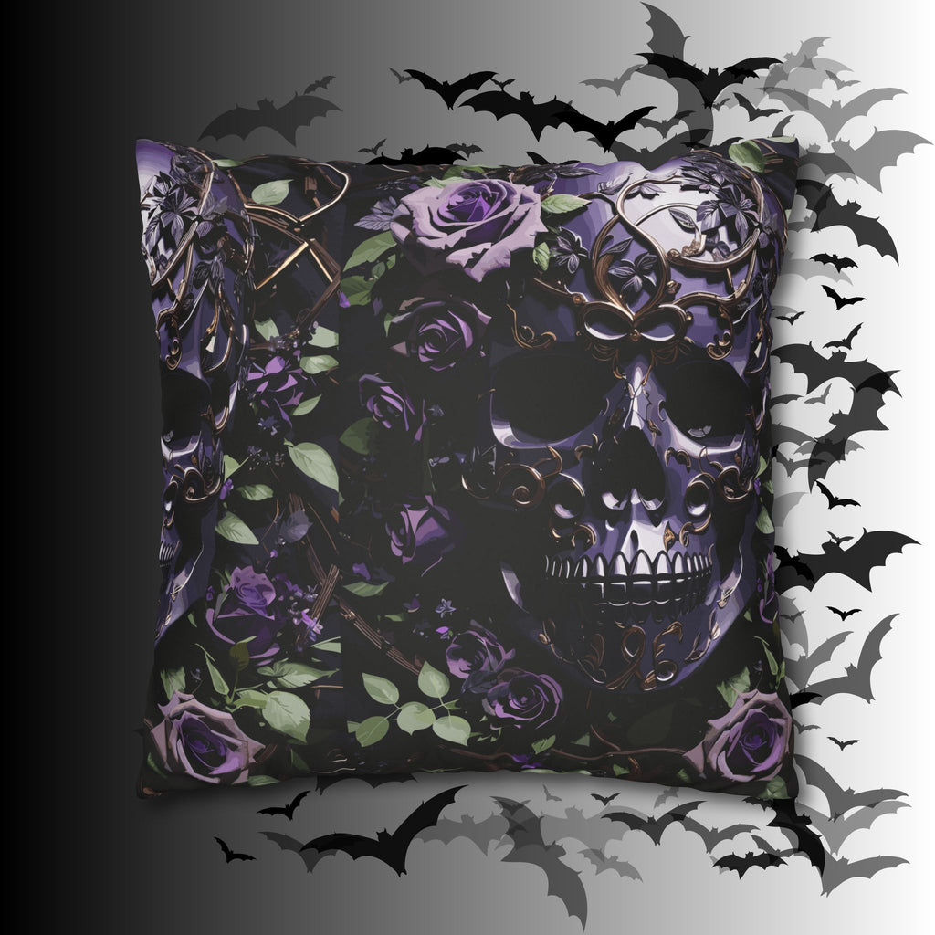 Gothic Black Purple Skull Throw Pillow — Dark Floral Botanical Home Decor