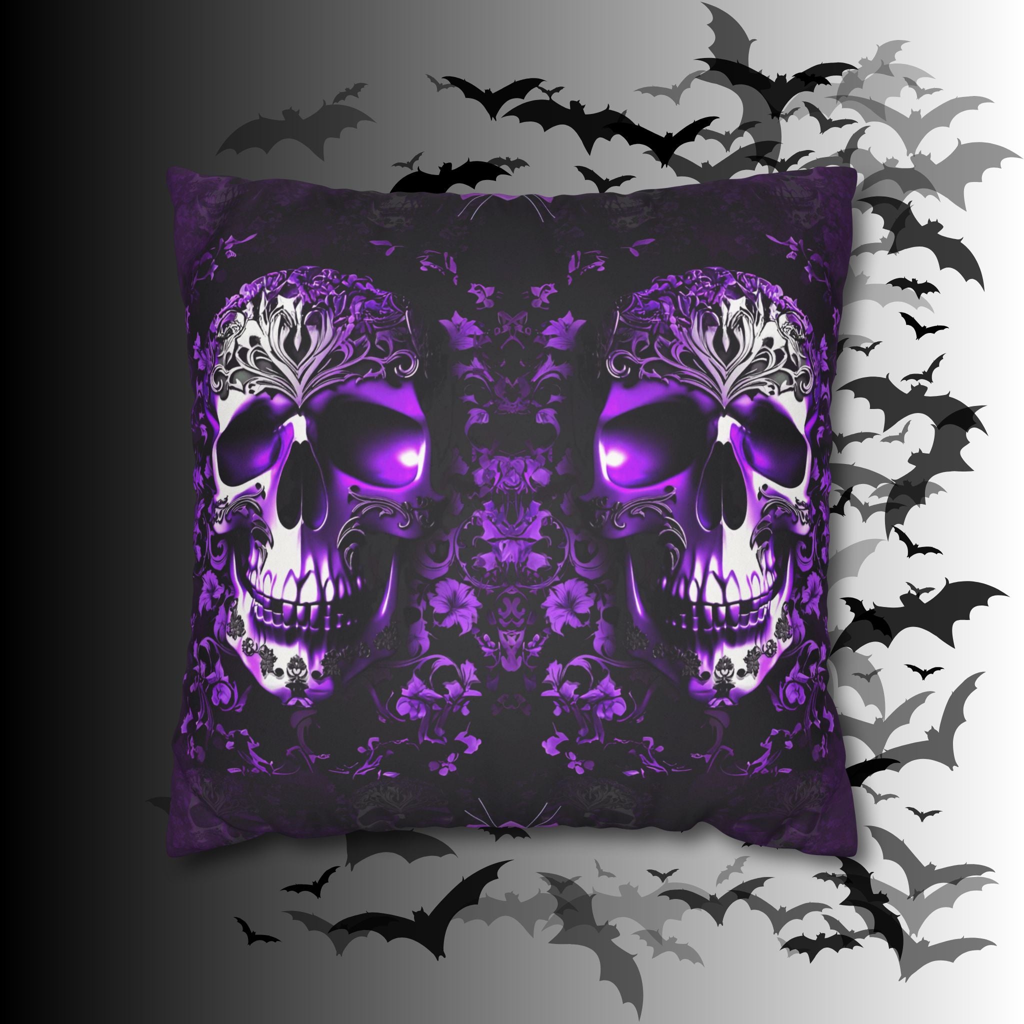 Purple Gothic Skull Throw Pillow — Damask Dark Home Decor
