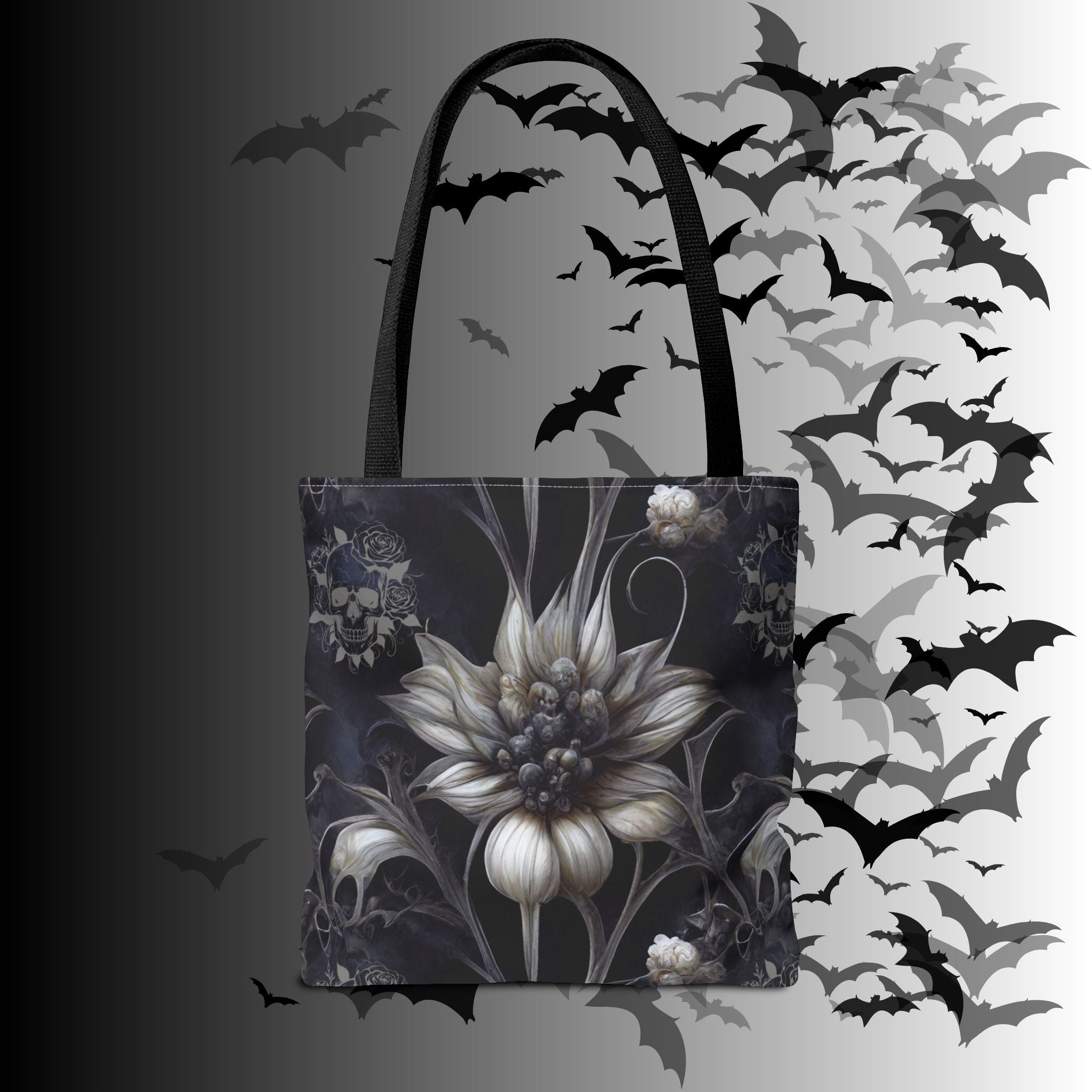 Gothic Botanical Skull Tote Bag — Dark Floral All-Over Print
