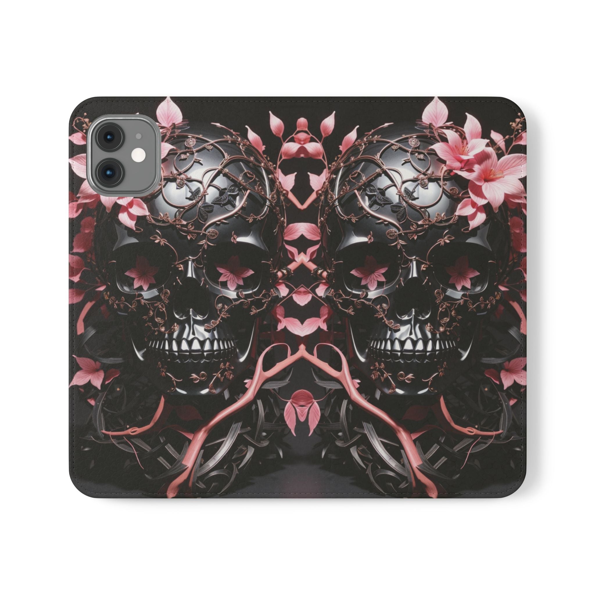 Pink Pastel Goth Skull Flip Wallet Phone Case - Skull Wallet Case for Samsung iPhone - Gothic Style Skull Wallet Phone Cases