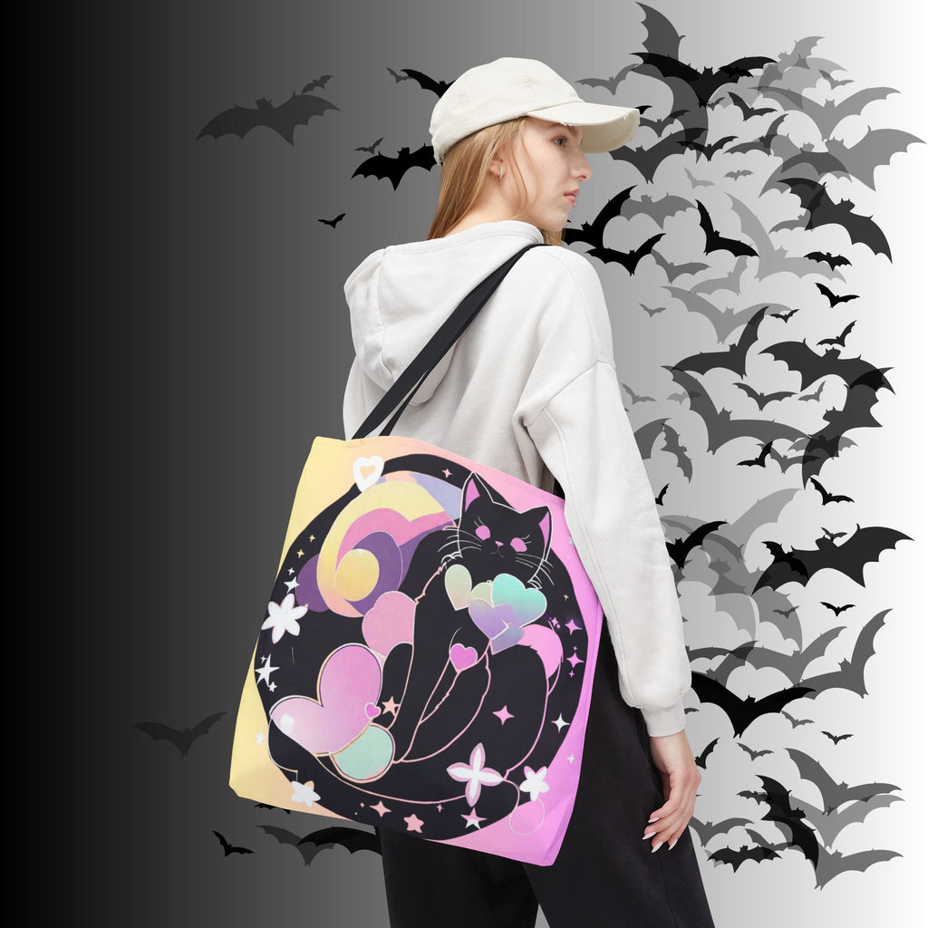 Pastel Goth Black Cat Heart Balloon Tote Bag — Kawaii Moon Print