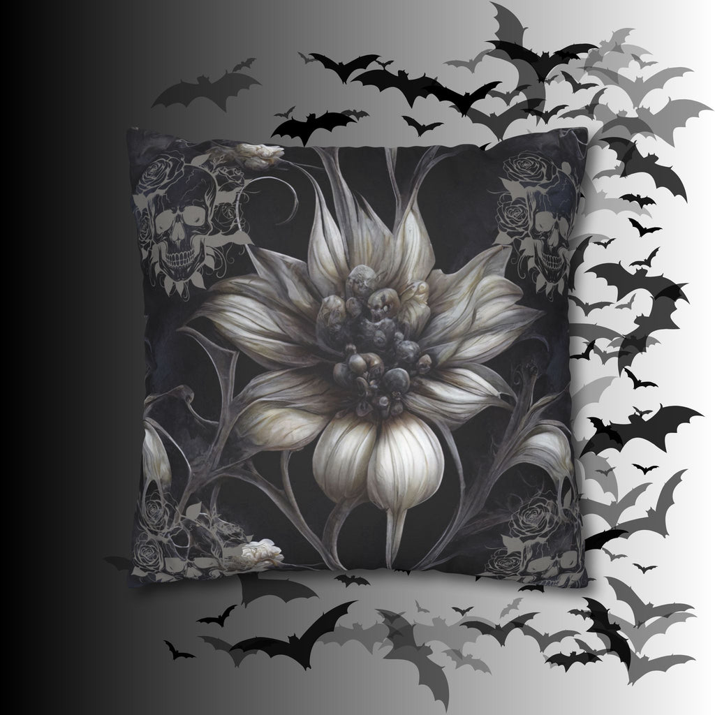 Gothic Skull Botanical Sunflower Throw Pillow — Dark Floral Home Decor