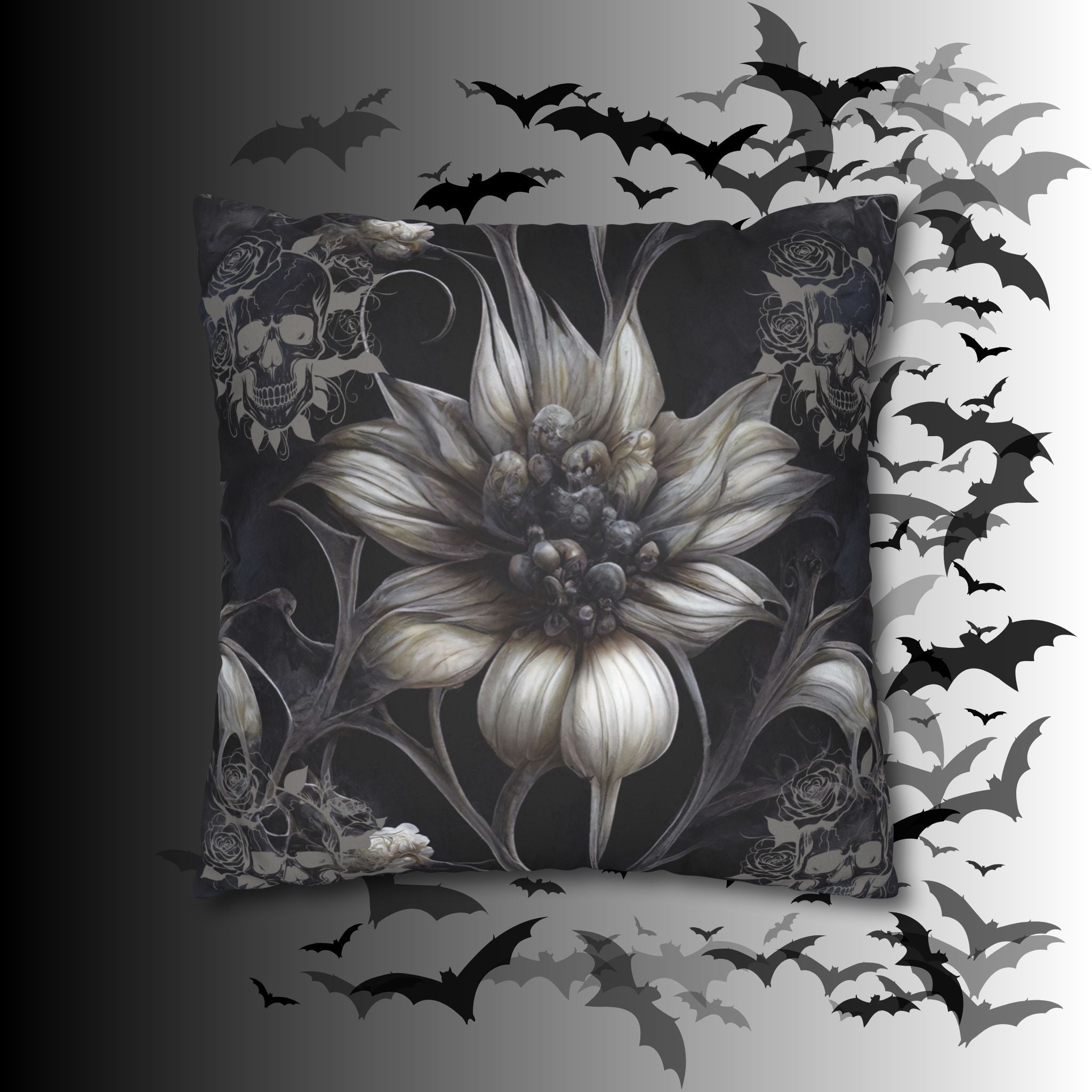 Gothic Skull Botanical Sunflower Throw Pillow — Dark Floral Home Decor