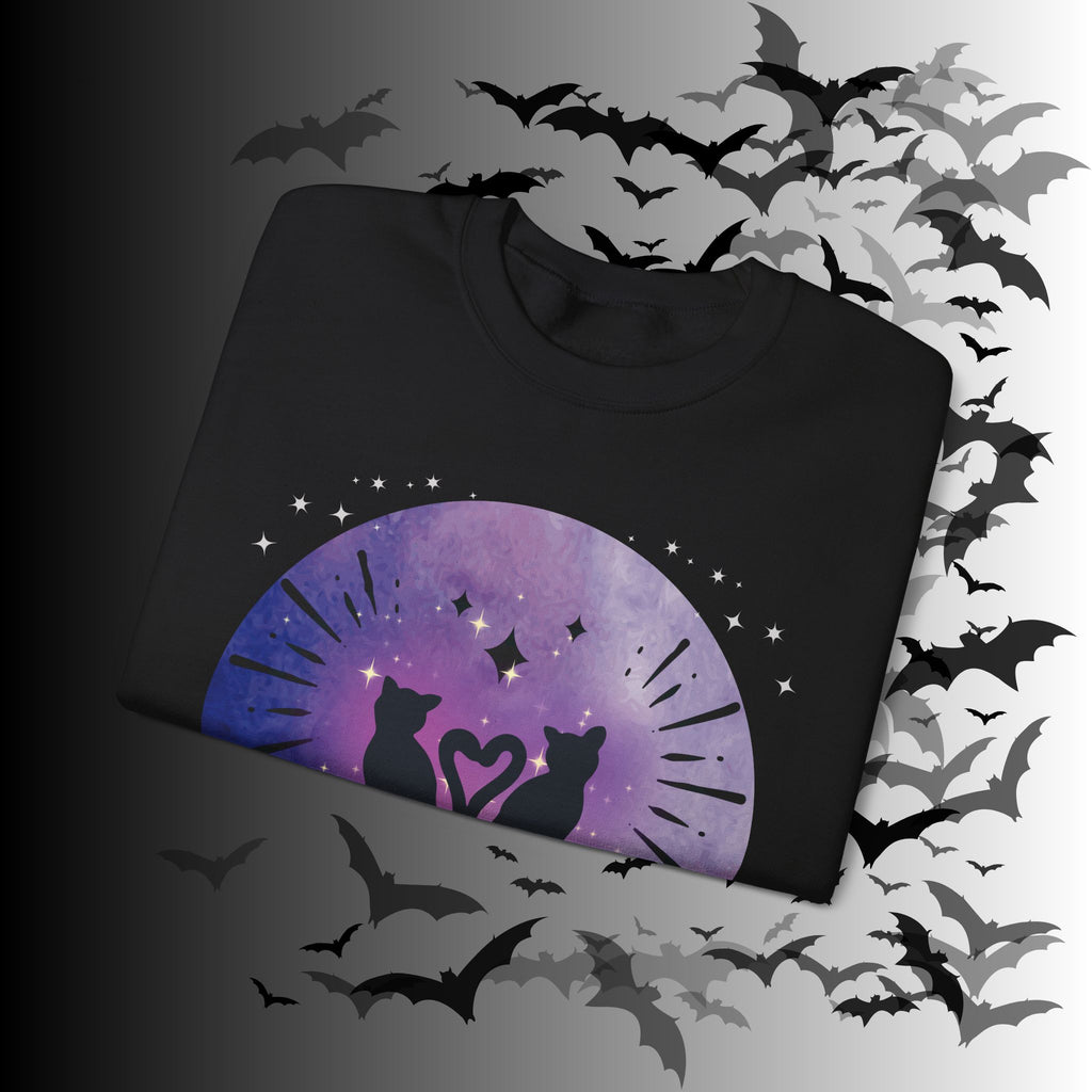 Celestial Twin Cats Heart Moon Crewneck Sweatshirt — Witchy Moon Phase