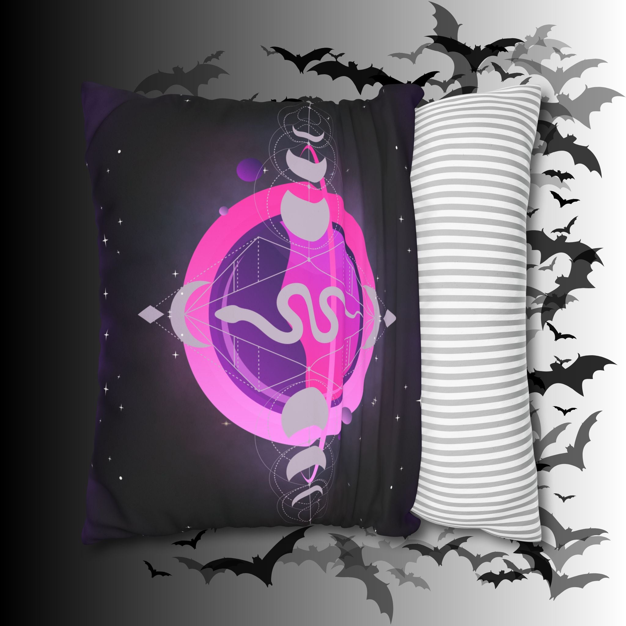 Pastel Goth Celestial Snake Moon Phases Throw Pillow — Witchy Dark Home Decor