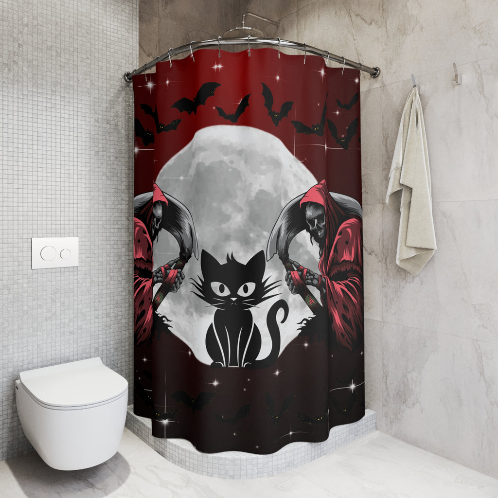 Gothic Grim Reaper Cat Full Moon Shower Curtain — Halloween Bathroom Decor