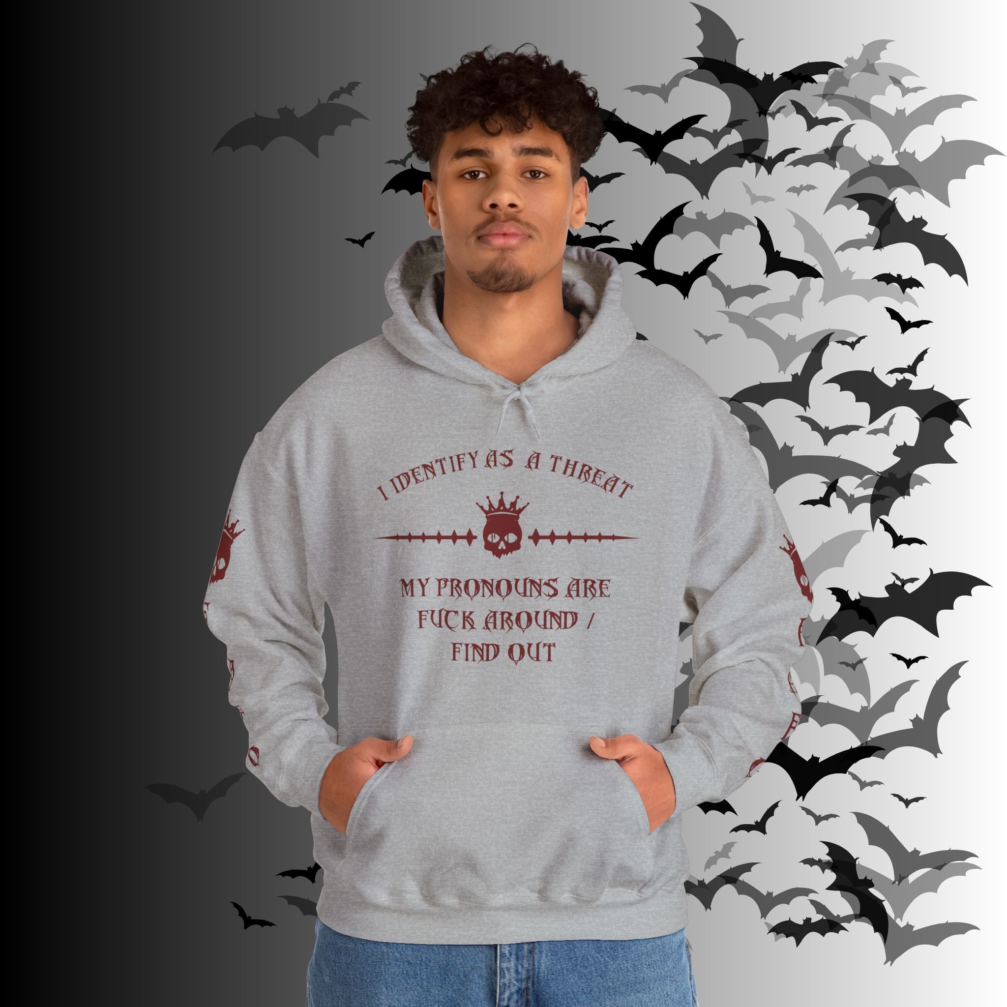 I Identify As a Threat Hoodie — Gothic Skull Sleeve Print Fuck Around Find Out