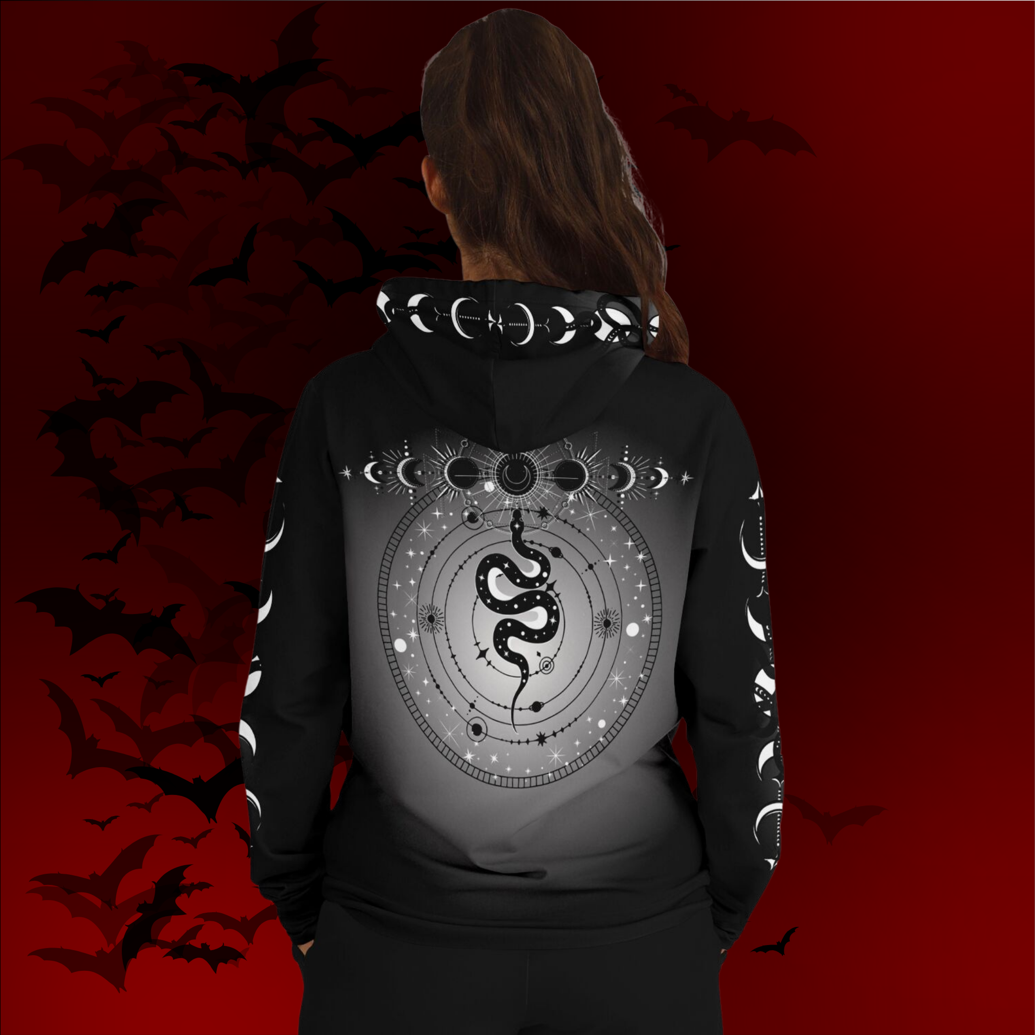 Celestial Serpent All Over Print Hoodie – Monochrome