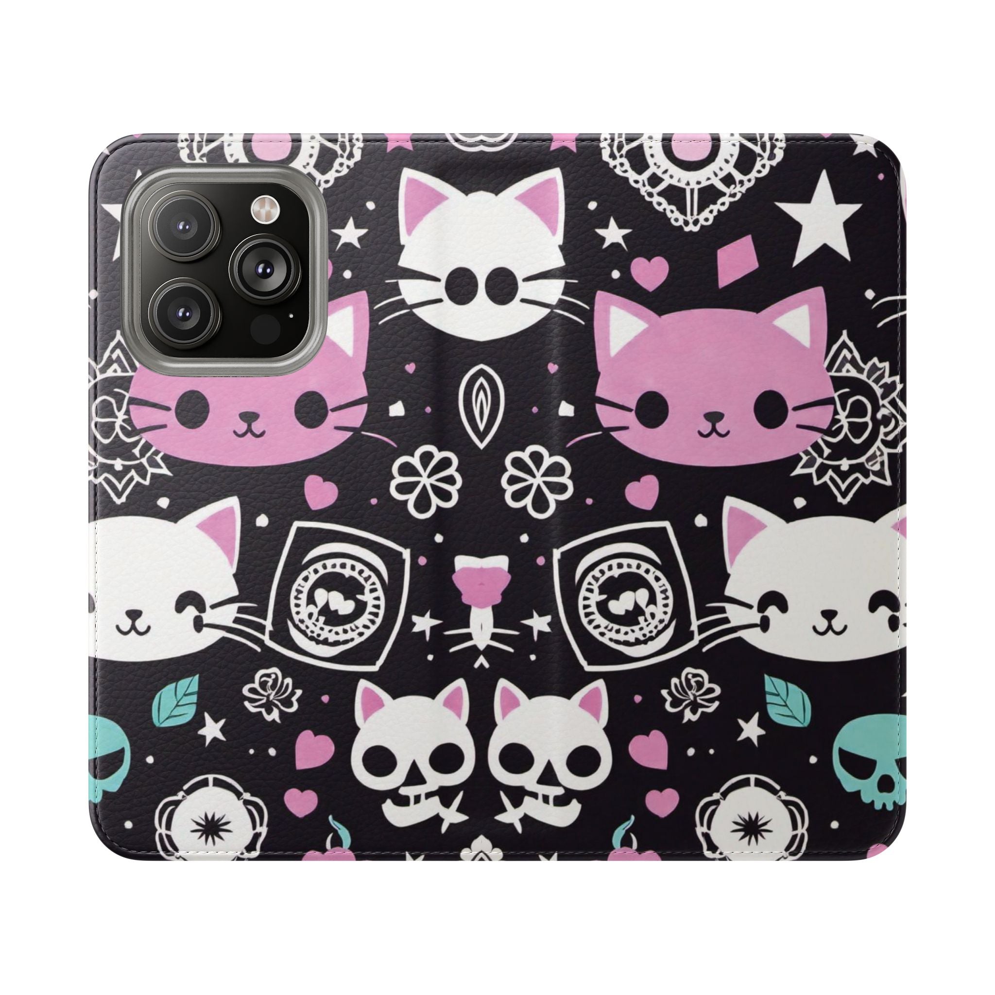 Pastel Goth Cat Flip Wallet Phone Case - Goth Cat Wallet Case for Samsung iPhone - Gothic Style Cats Wallet Phone Cases