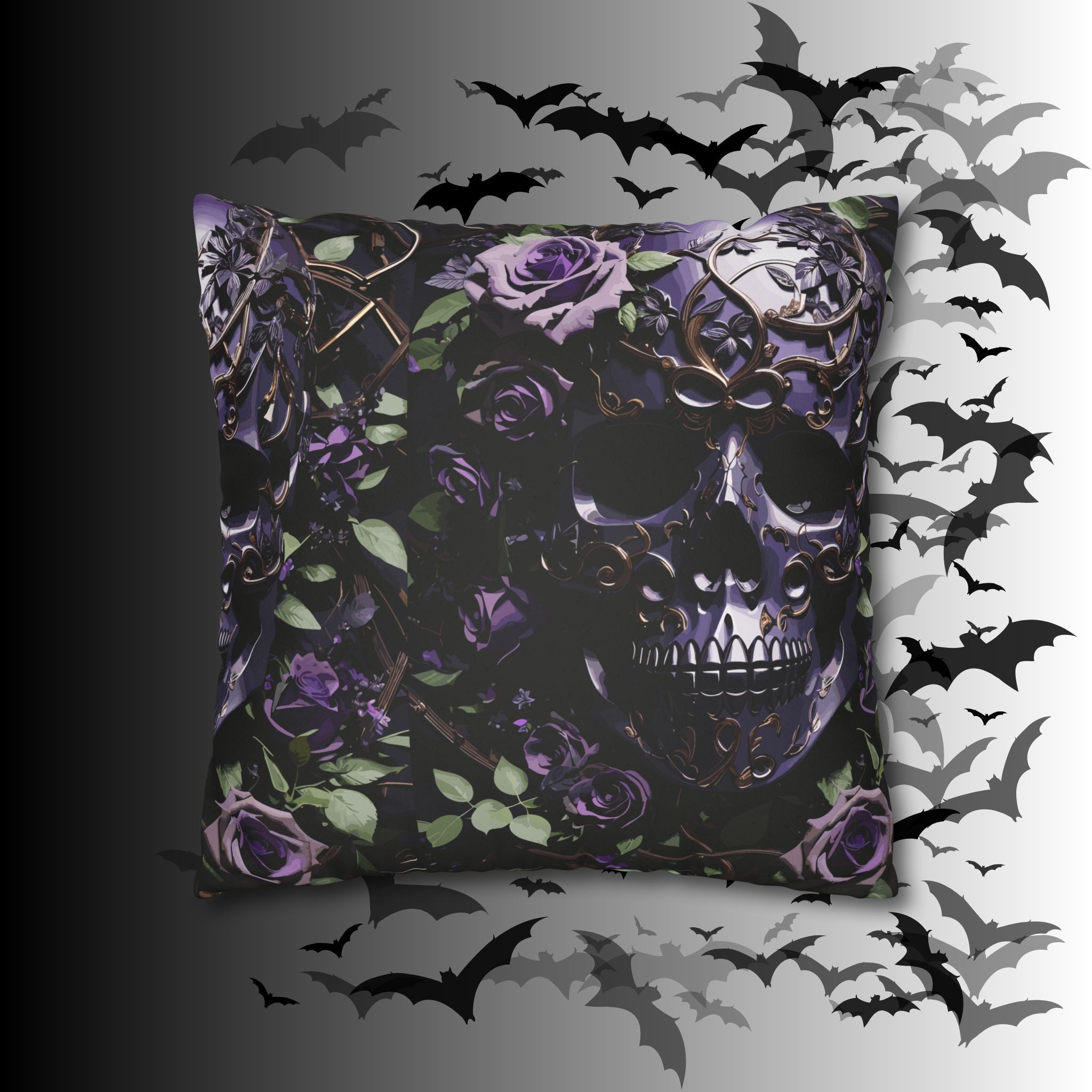 Gothic Black Purple Skull Throw Pillow — Dark Floral Botanical Home Decor