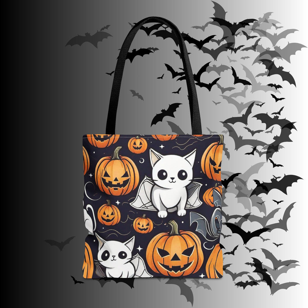 Kawaii Bat Cat Halloween Tote Bag — Spooky Pumpkin Pattern