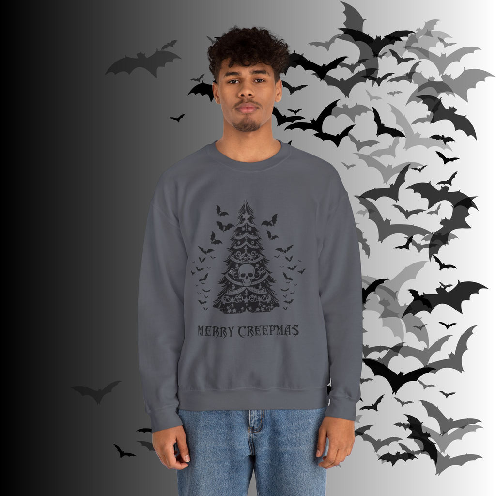 Merry Creepmas Tree Crewneck Sweatshirt — Gothic Christmas Skull Bat