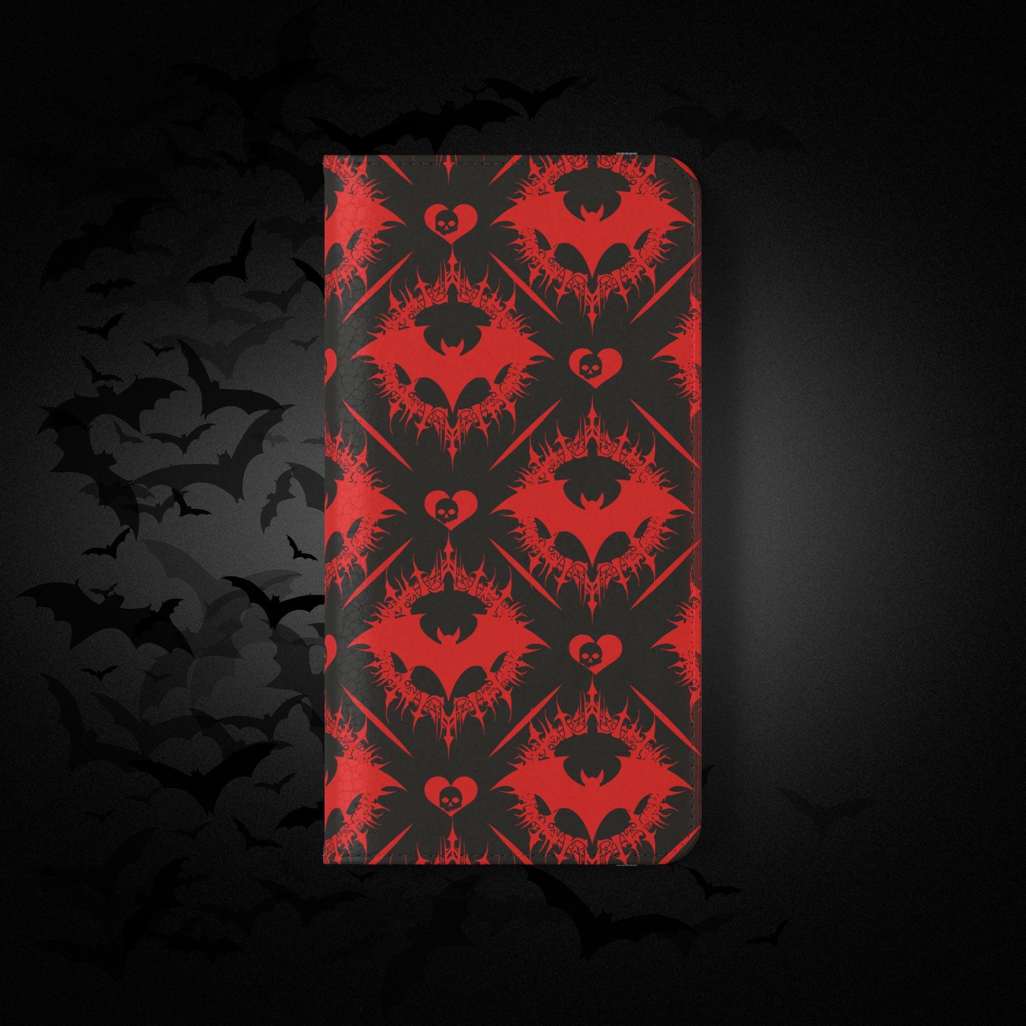 Gothic Bat Wallet Flip Case - Elegant Goth Phone Wallet - Bat Pattern Flip Case - Gothic Phone Case - Stylish Wallet Phone Case