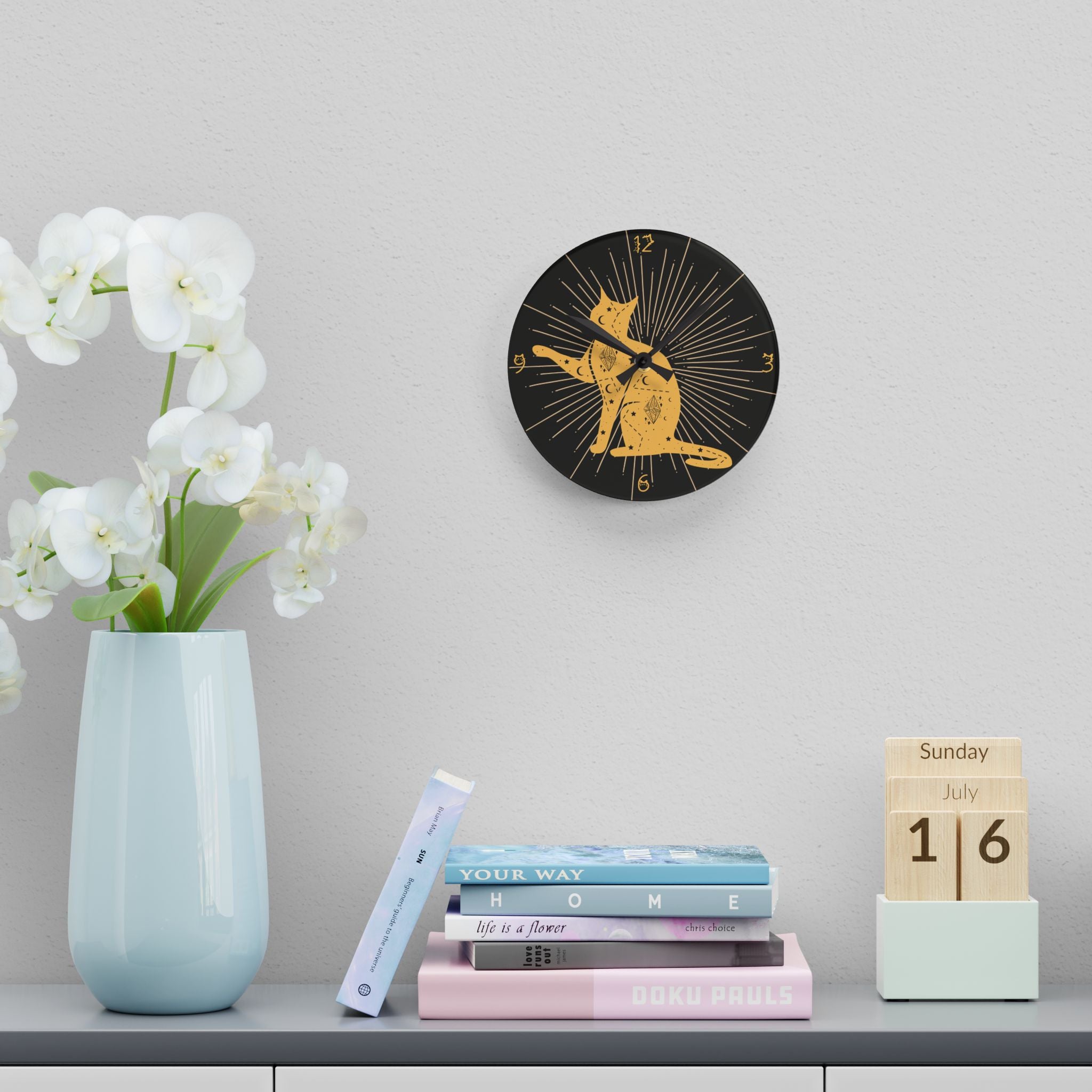 Celestial Cat Wall Clock — Gold Witchy Acrylic Art Print Home Decor