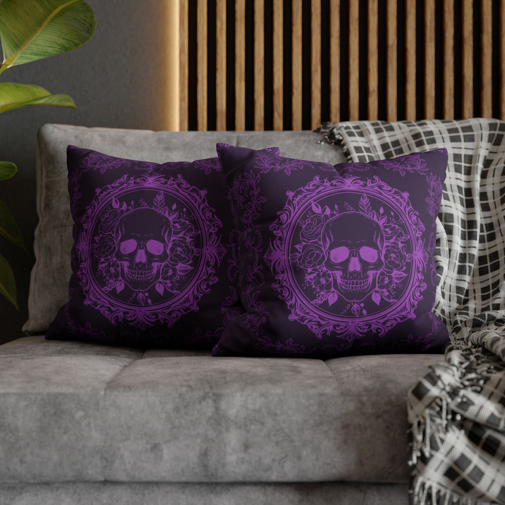 Purple Gothic Floral Skull Throw Pillow — Baroque Botanical Dark Home Decor