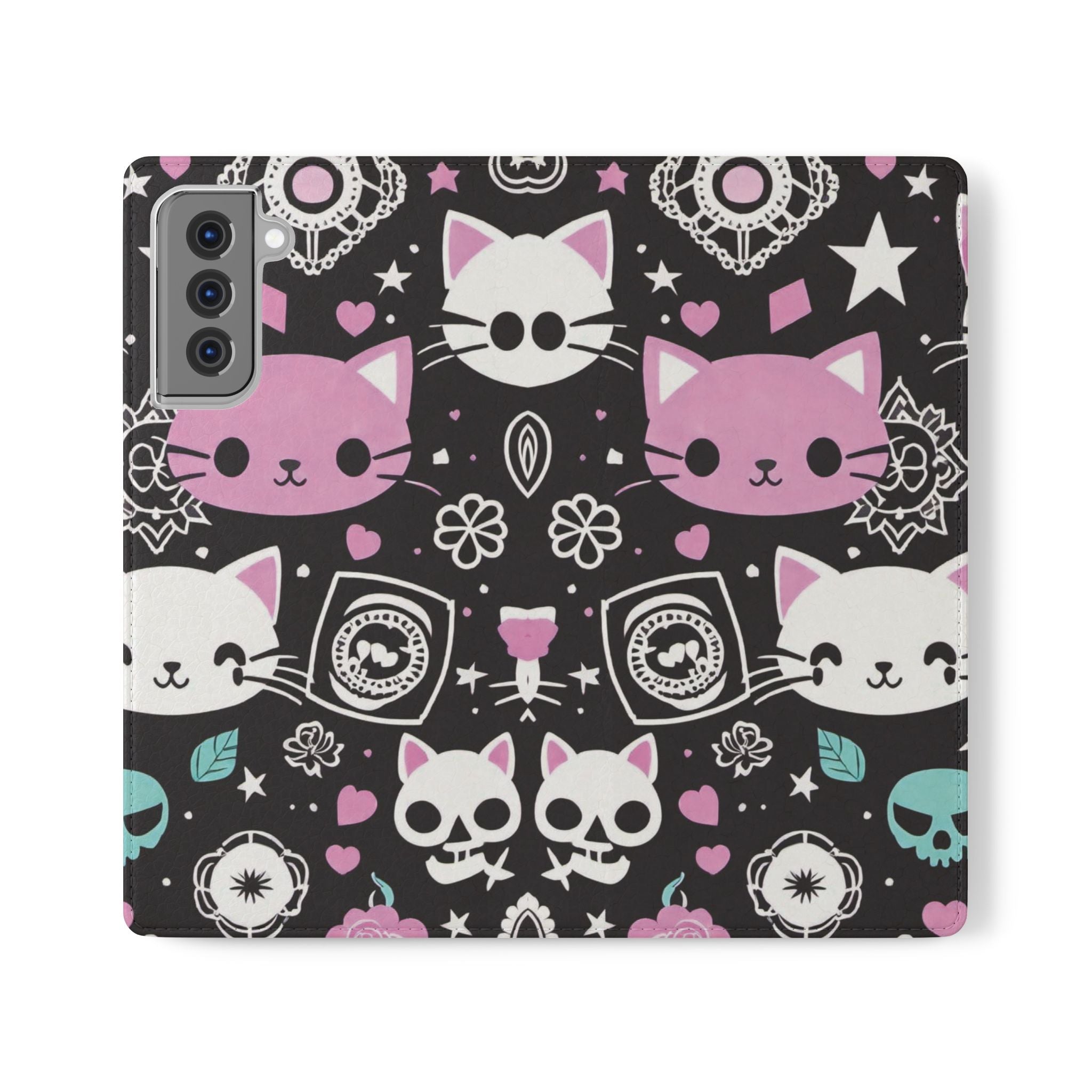 Pastel Goth Cat Flip Wallet Phone Case - Goth Cat Wallet Case for Samsung iPhone - Gothic Style Cats Wallet Phone Cases
