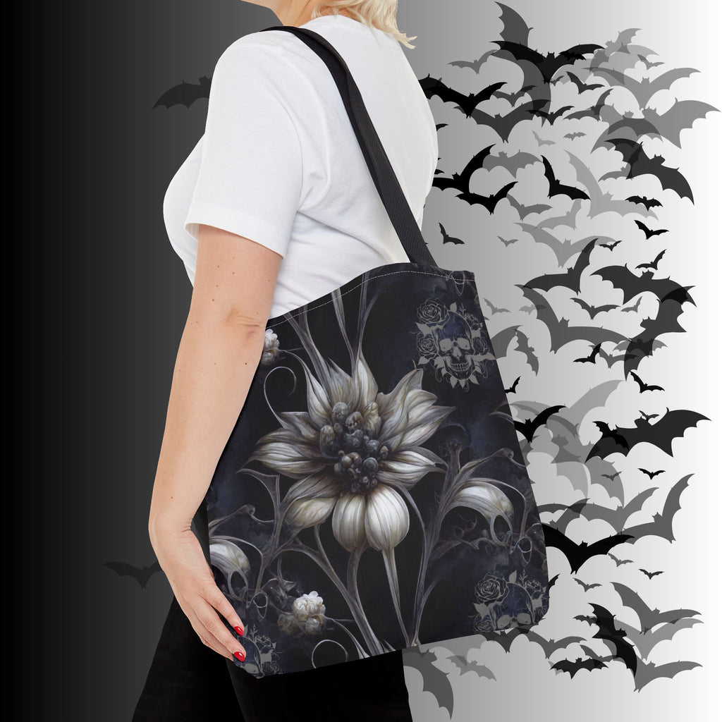 Gothic Botanical Skull Tote Bag — Dark Floral All-Over Print