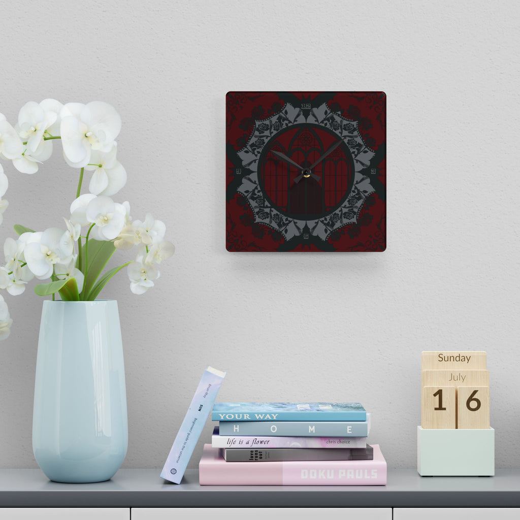 Gothic Cathedral Bats Wall Clock — Black Red Acrylic Art Print Home Decor