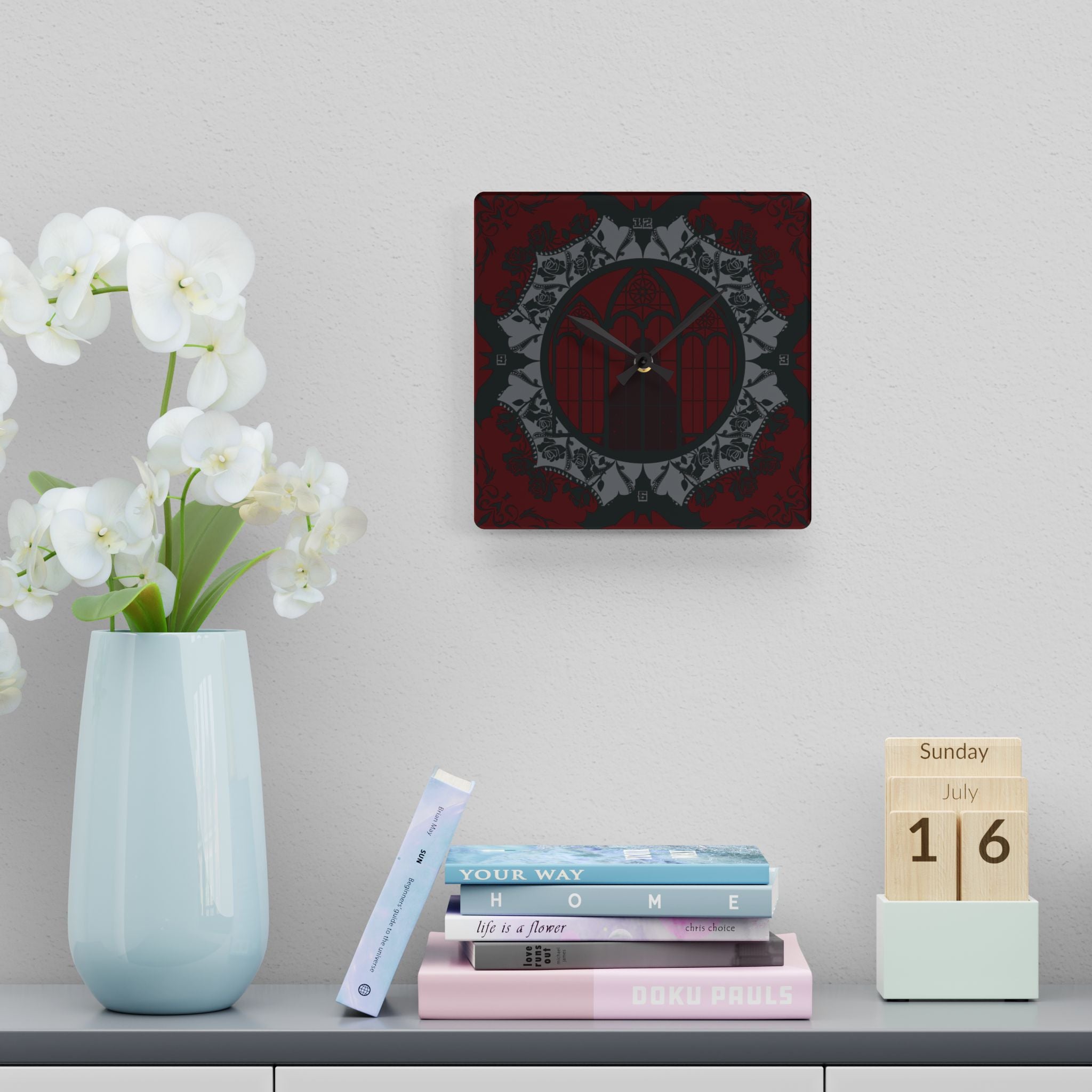 Gothic Cathedral Bats Wall Clock — Black Red Acrylic Art Print Home Decor