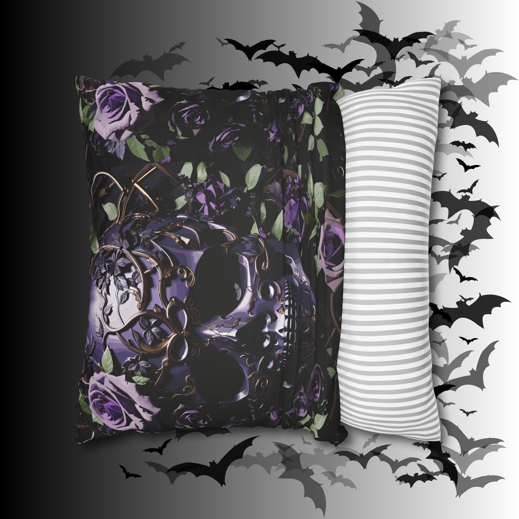 Gothic Black Purple Skull Throw Pillow — Dark Floral Botanical Home Decor