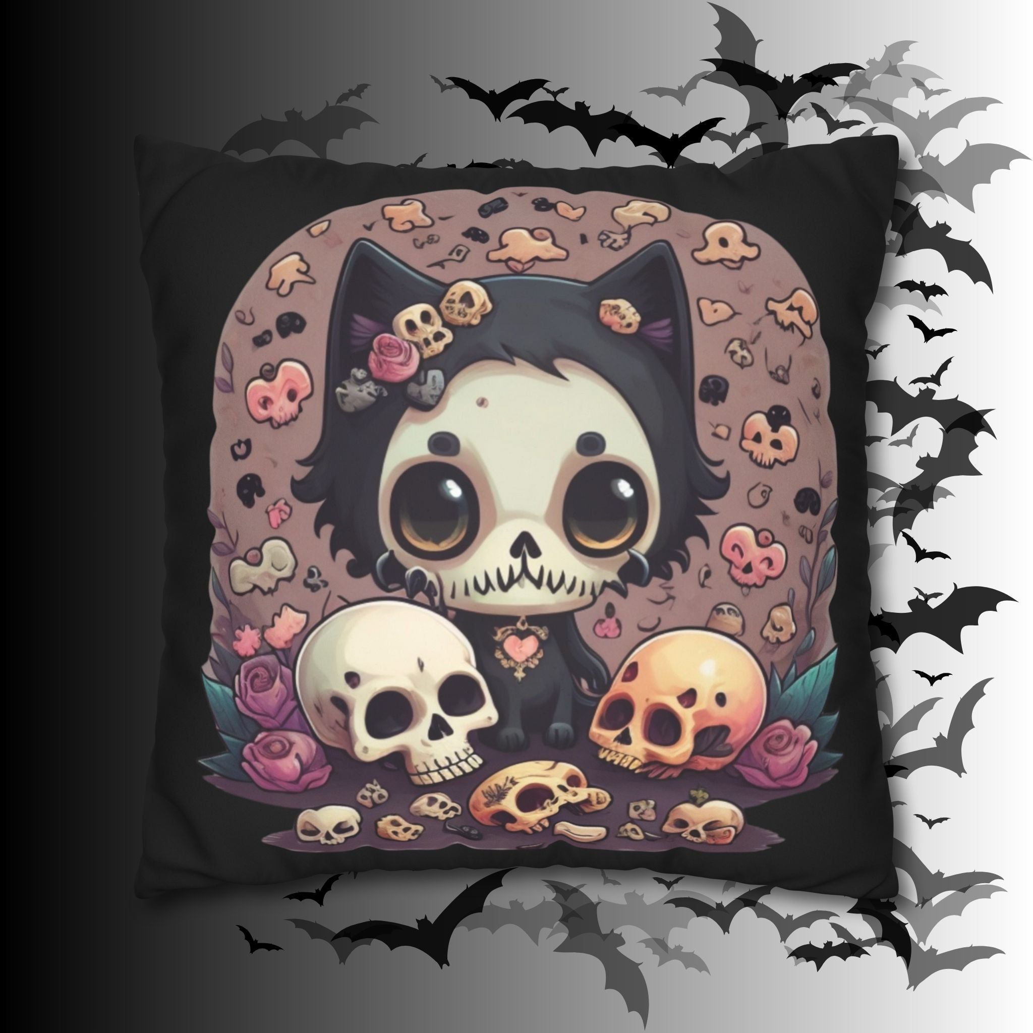 Gothic Skull Face Cat Throw Pillow — Creepy Cute Pastel Goth Home Decor